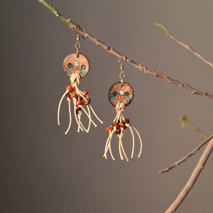 Rustic Loops: Handcrafted Wooden Earrings with Falling Strings