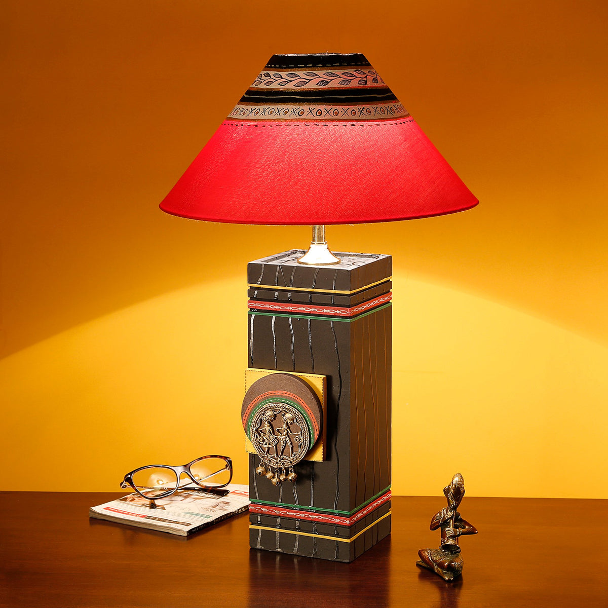 Handcrafted Wooden Table Lamp with Dhokra Warli Art