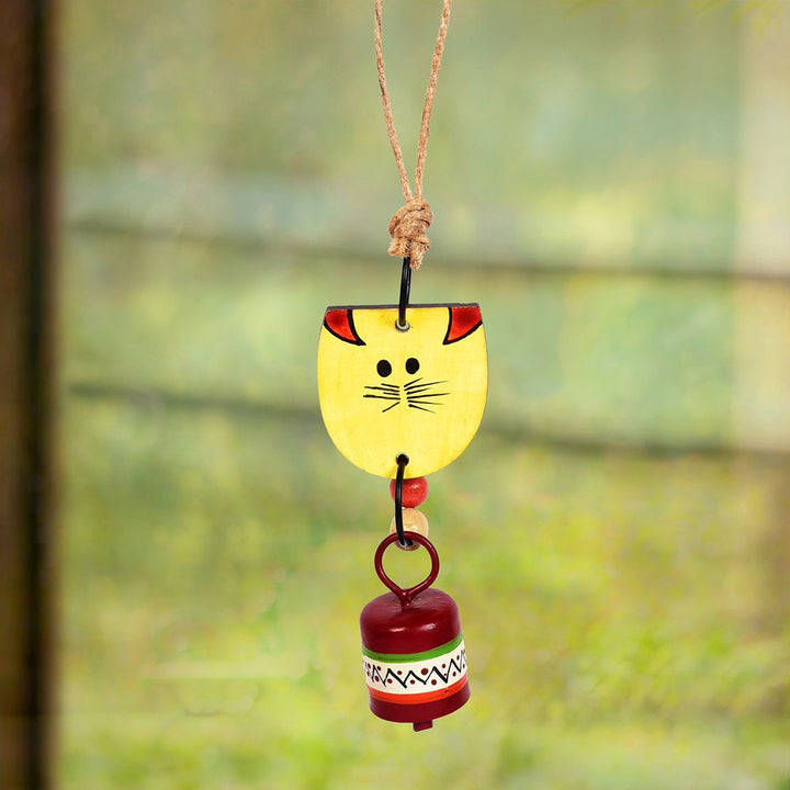 Aakriti Art Creations Handpainted Yellow Wild Cat Wind Chimes with Metal Bell for Outdoor Hanging and Home Decoration