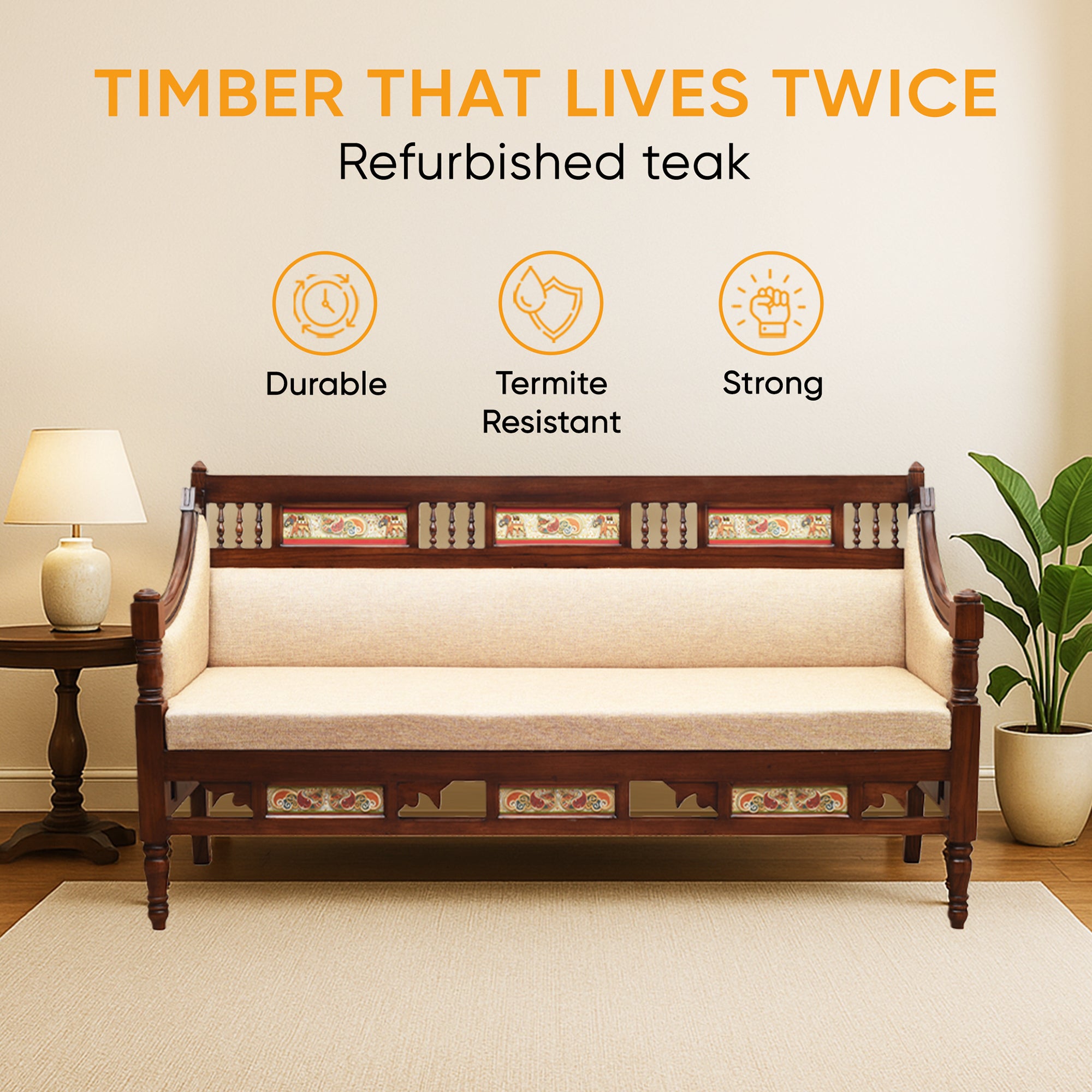 Maharani Three Seater Sofa in Teakwood with Walnut Finish adorned with Tribal Paintings
