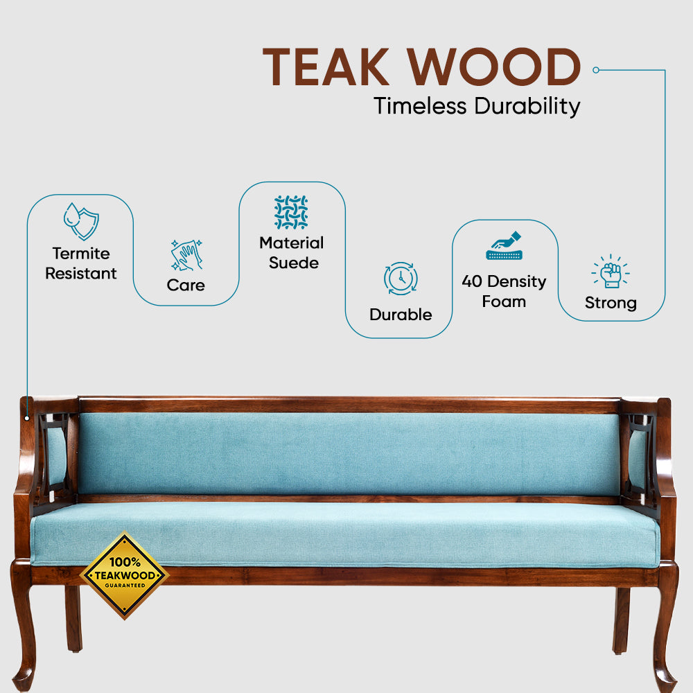 Sumona Three Seater Sofa in Premium Teakwood in Walnut Finish
