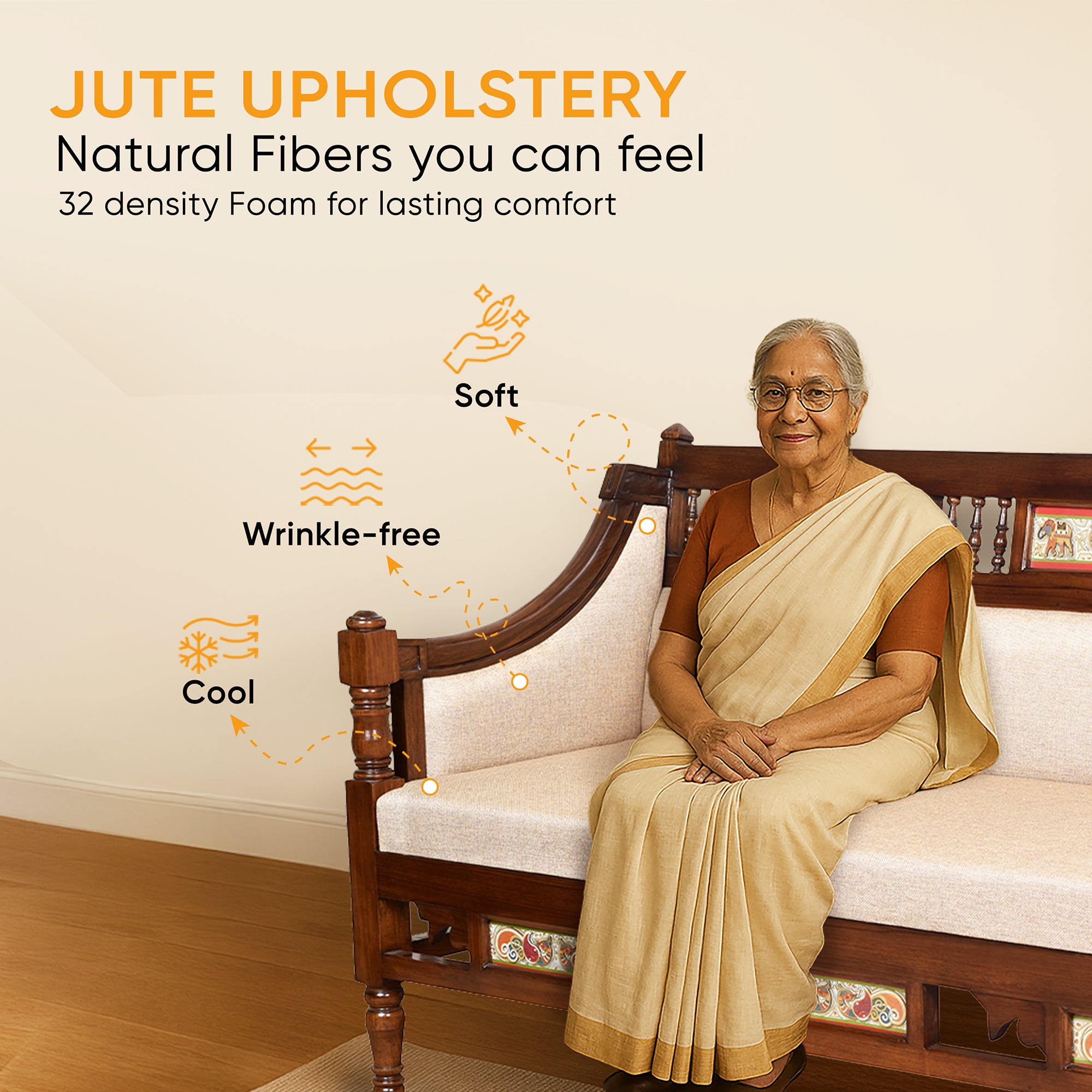 Maharani Three Seater Sofa in Teakwood with Walnut Finish adorned with Tribal Paintings