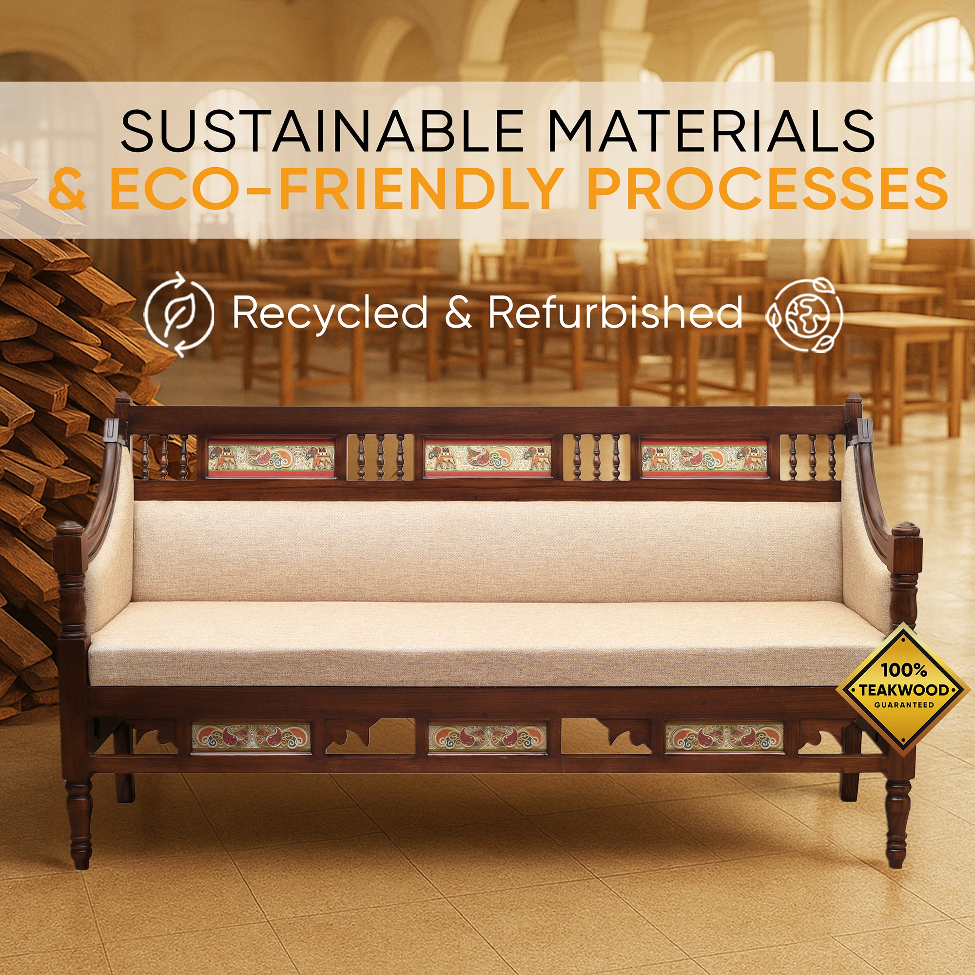 Maharani Three Seater Sofa in Teakwood with Walnut Finish adorned with Tribal Paintings