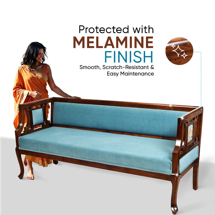 Sumona Three Seater Sofa in Premium Teakwood in Walnut Finish