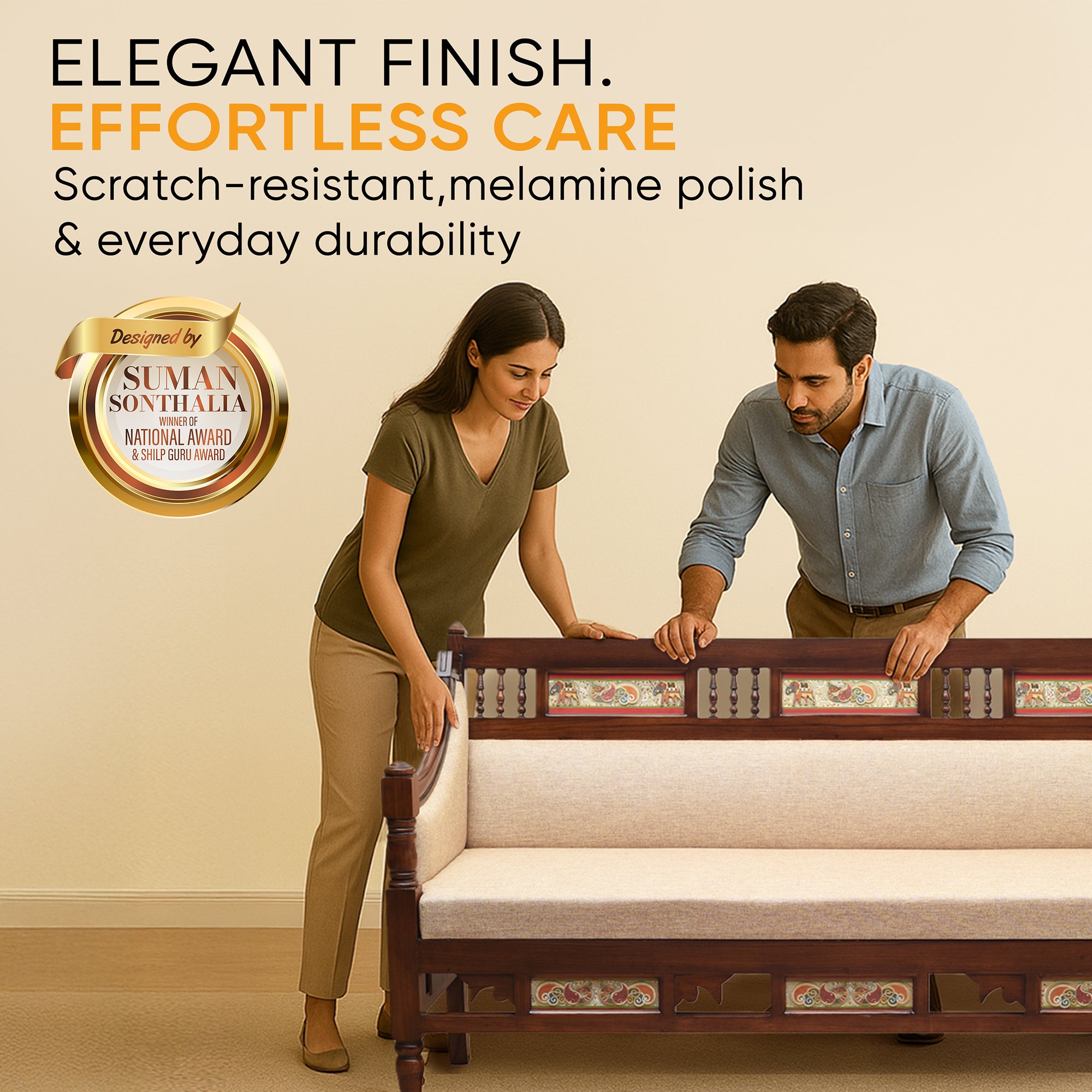 Maharani Three Seater Sofa in Teakwood with Walnut Finish adorned with Tribal Paintings