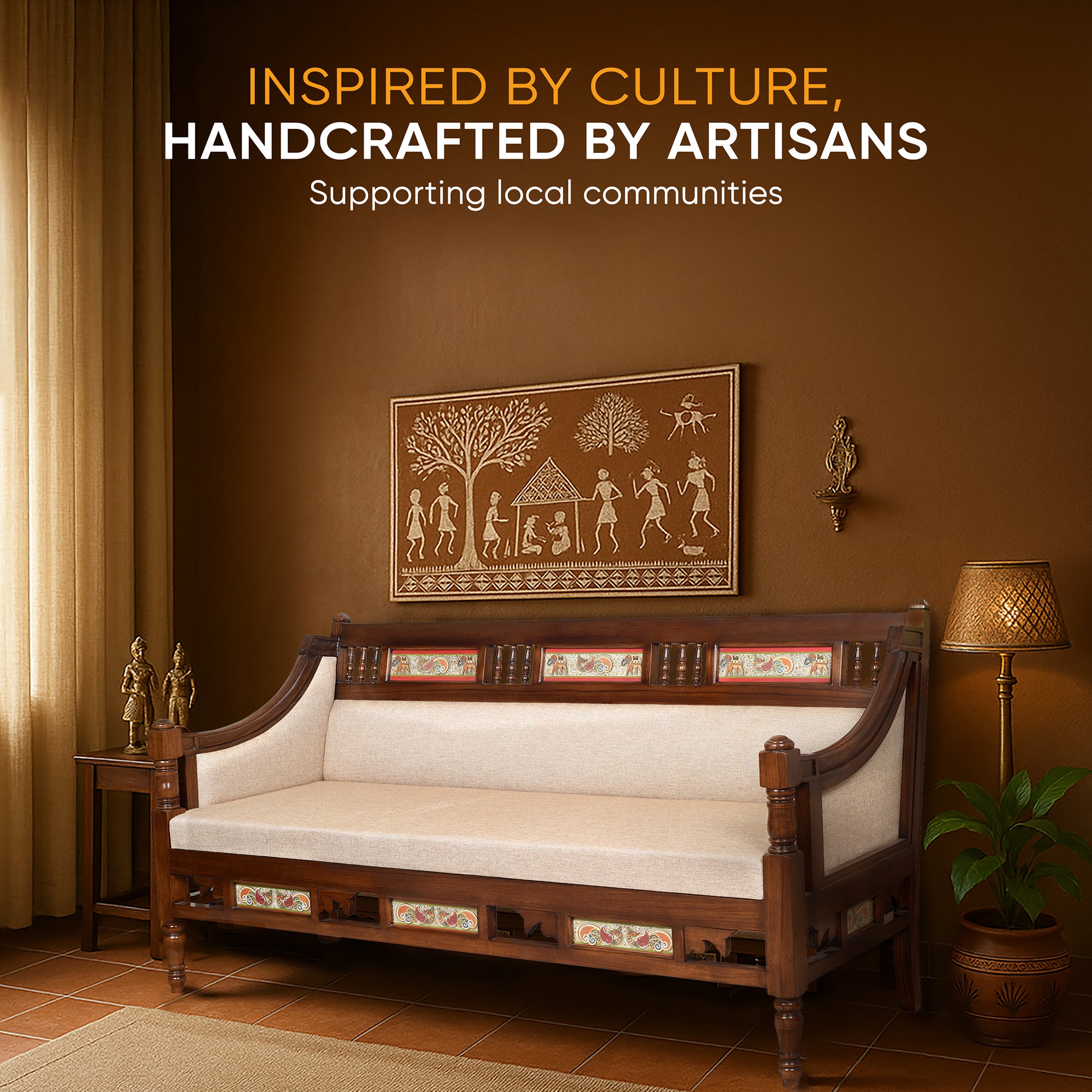 Maharani Three Seater Sofa in Teakwood with Walnut Finish adorned with Tribal Paintings