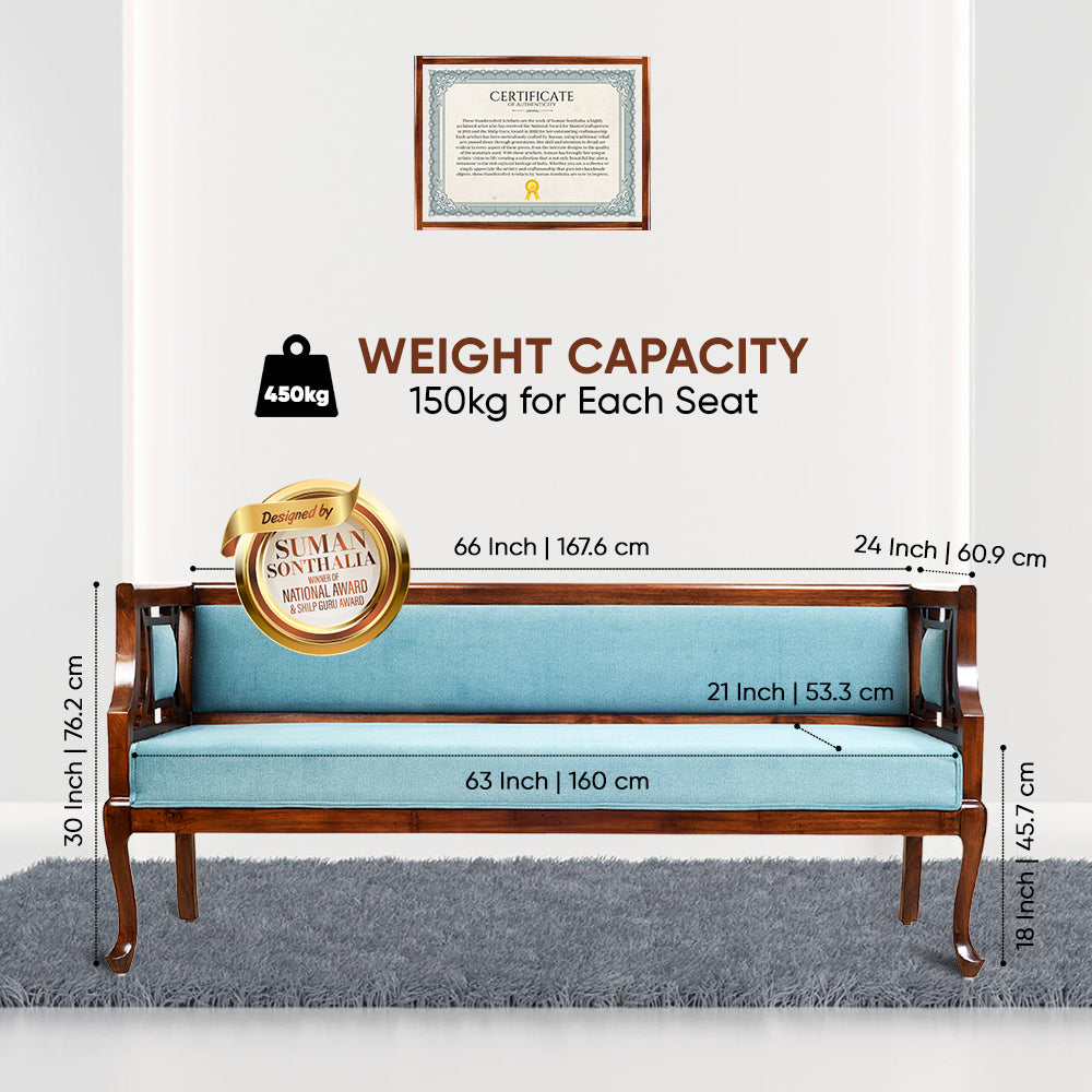 Sumona Three Seater Sofa in Premium Teakwood in Walnut Finish