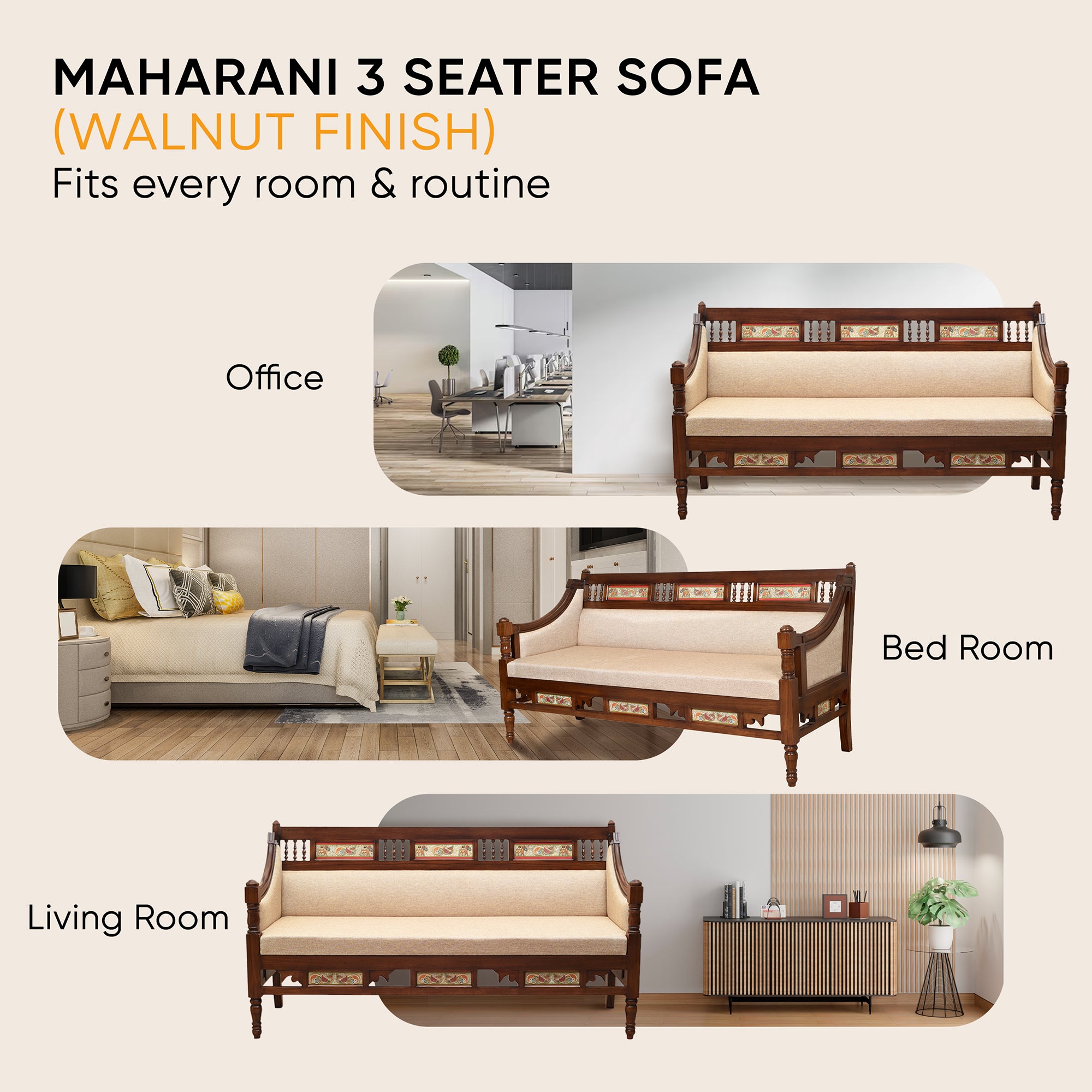 Maharani Three Seater Sofa in Teakwood with Walnut Finish adorned with Tribal Paintings