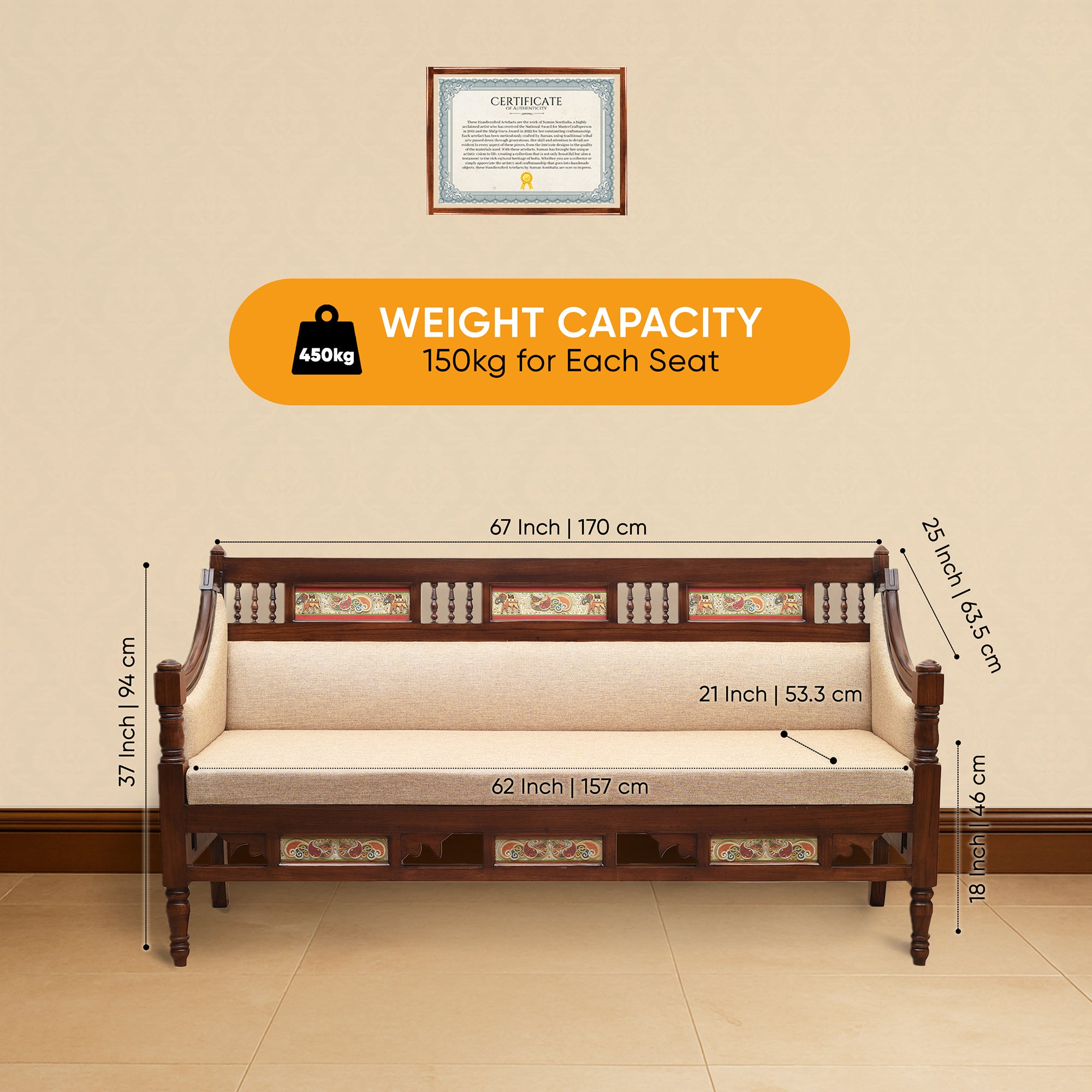 Maharani Three Seater Sofa in Teakwood with Walnut Finish adorned with Tribal Paintings