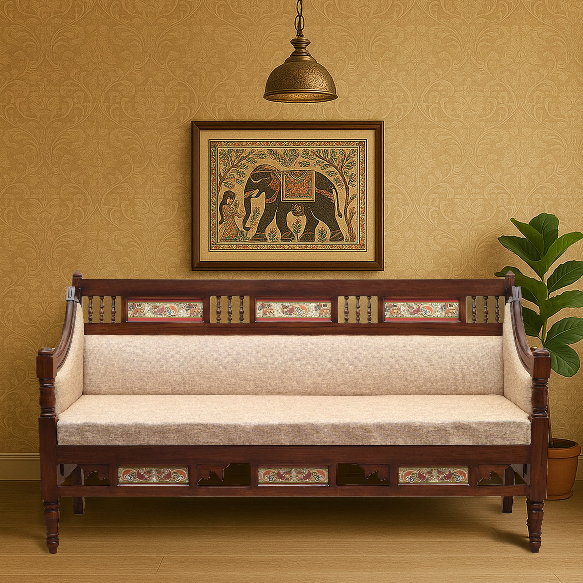 Maharani Three Seater Sofa in Teakwood with Walnut Finish adorned with Tribal Paintings