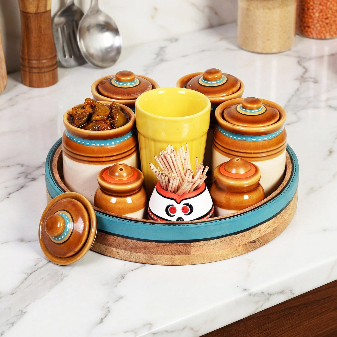 Granny Pickle Tray, Traditional Ceramic Pickle Jar Set with Wooden Tray and Utility Holders