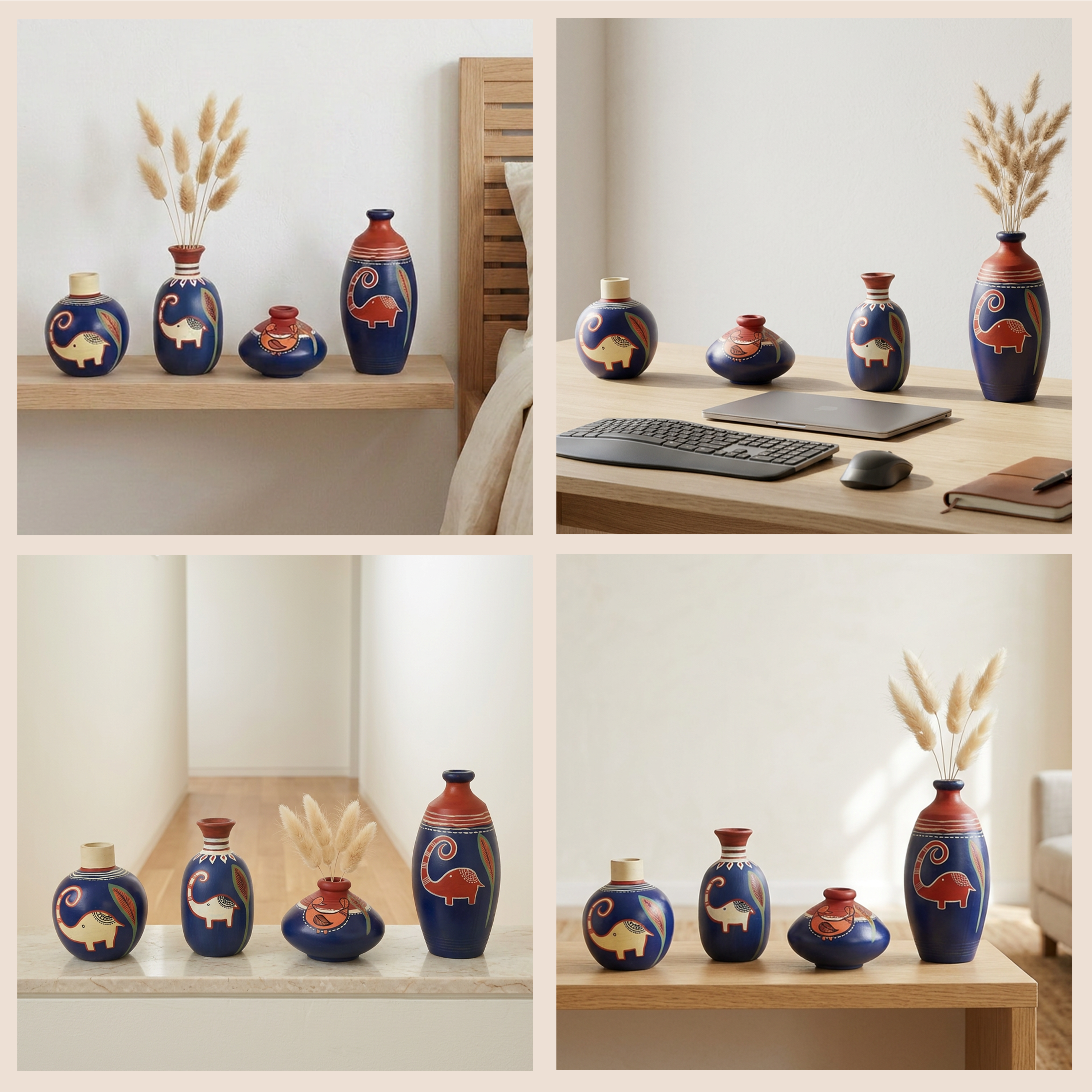 Happy Elephant Vases (So4) in Blue (5x2.5/4x3/2.5x2.5/6x3 HxDia)