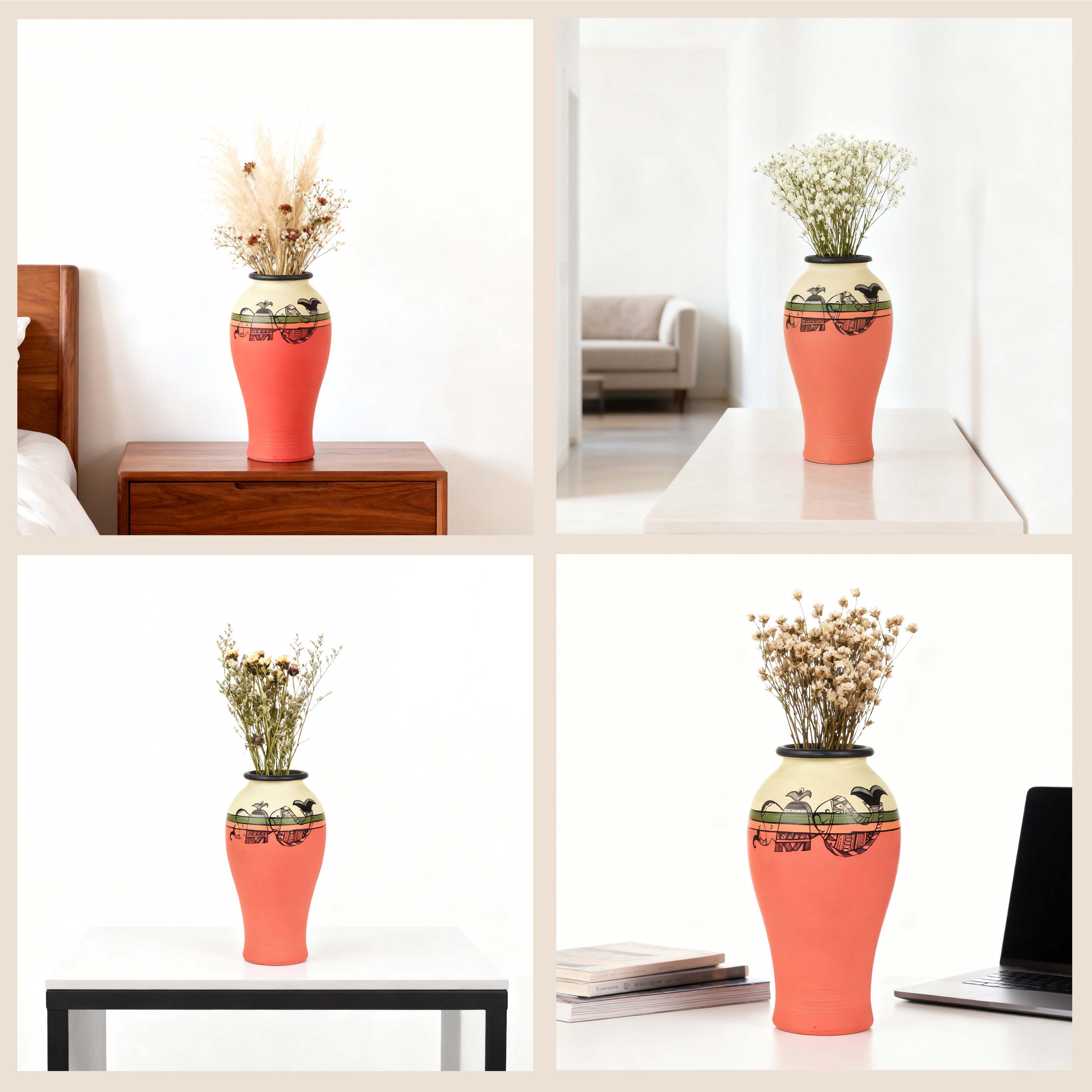 Carrot Red Earthen Vase with Madhubani Tattoo Art