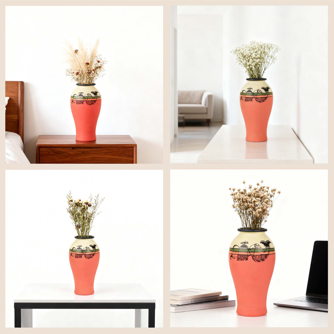 Carrot Red Earthen Vase with Madhubani Tattoo Art