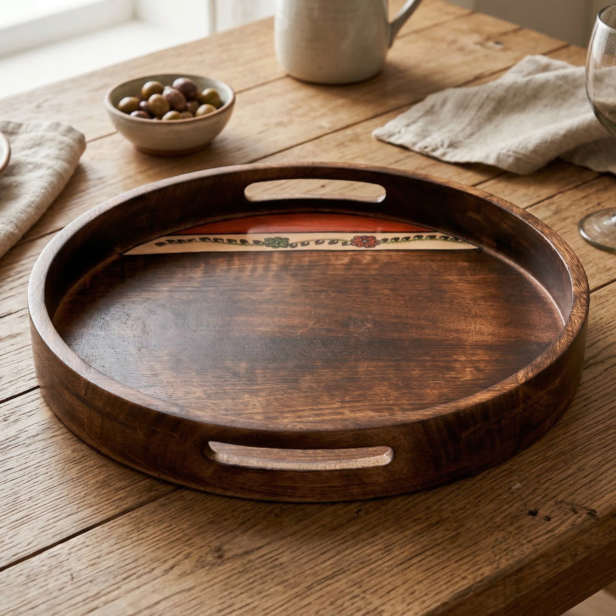 Tray Round shape Handpainted with Flower Motifs Handcrafted in Mango Wood (12x12")