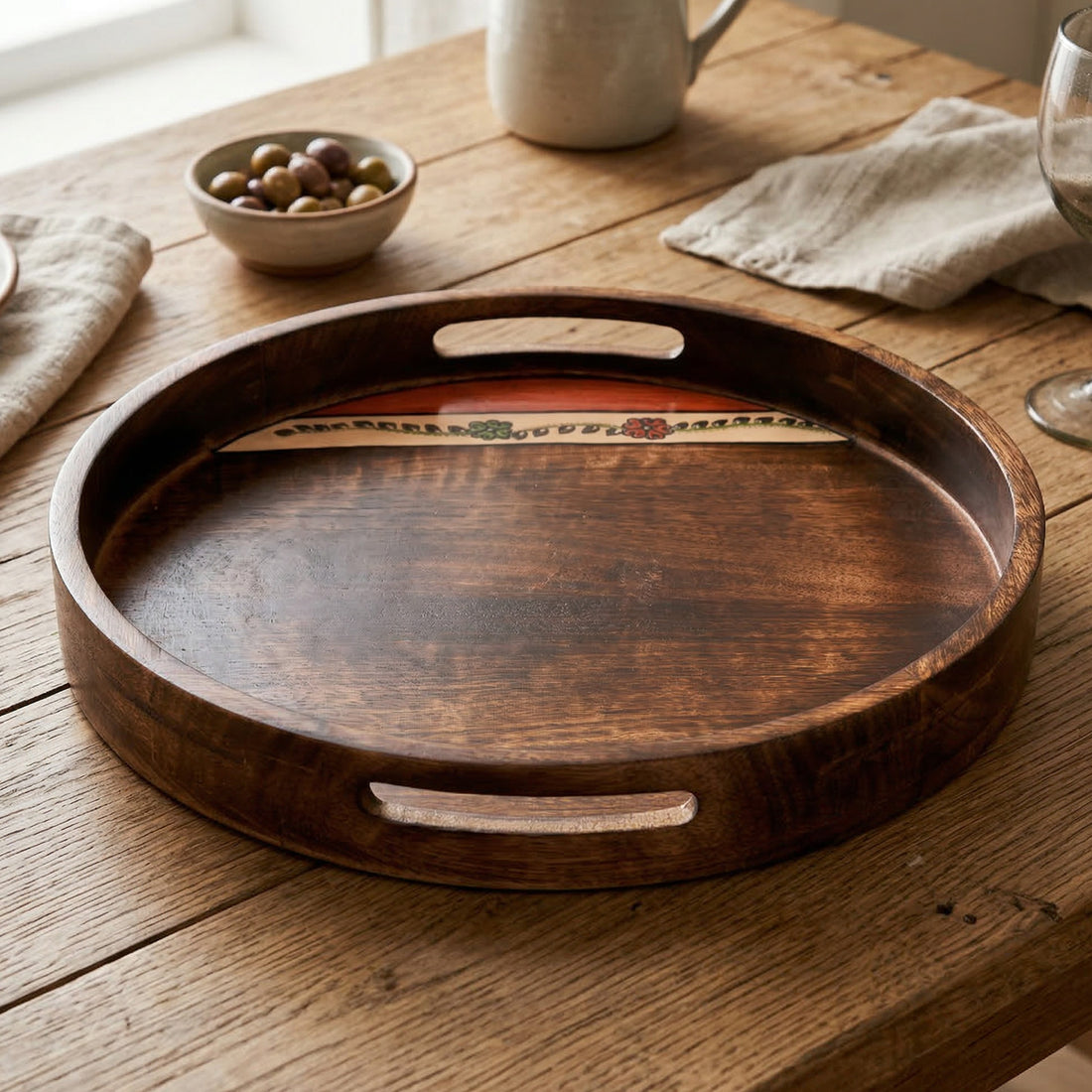 Tray Round shape Handpainted with Flower Motifs Handcrafted in Mango Wood (12x12")