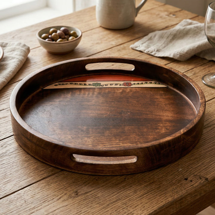 Tray Round shape Handpainted with Flower Motifs Handcrafted in Mango Wood (12x12")