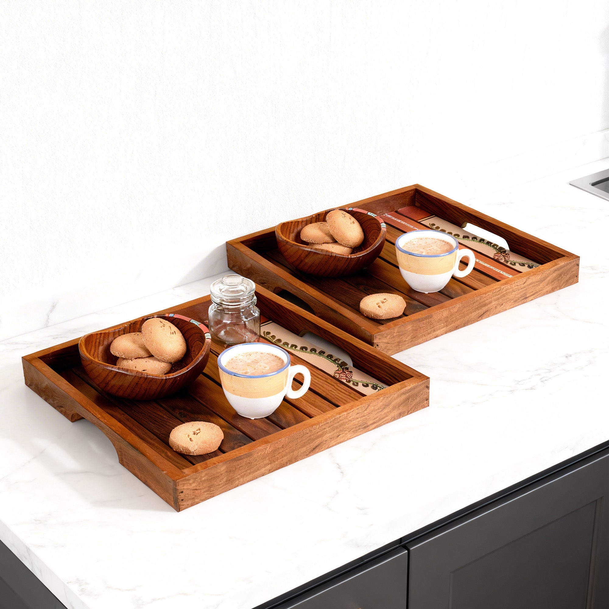 Trays with Tribal Art Handcrafted in RoseWood (set of 2) (12x12/10.6x10.6")