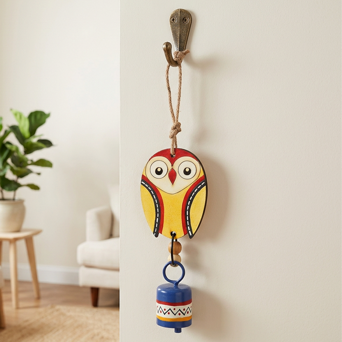 Owl Wind Chime with Metal Bell, Yellow and Blue