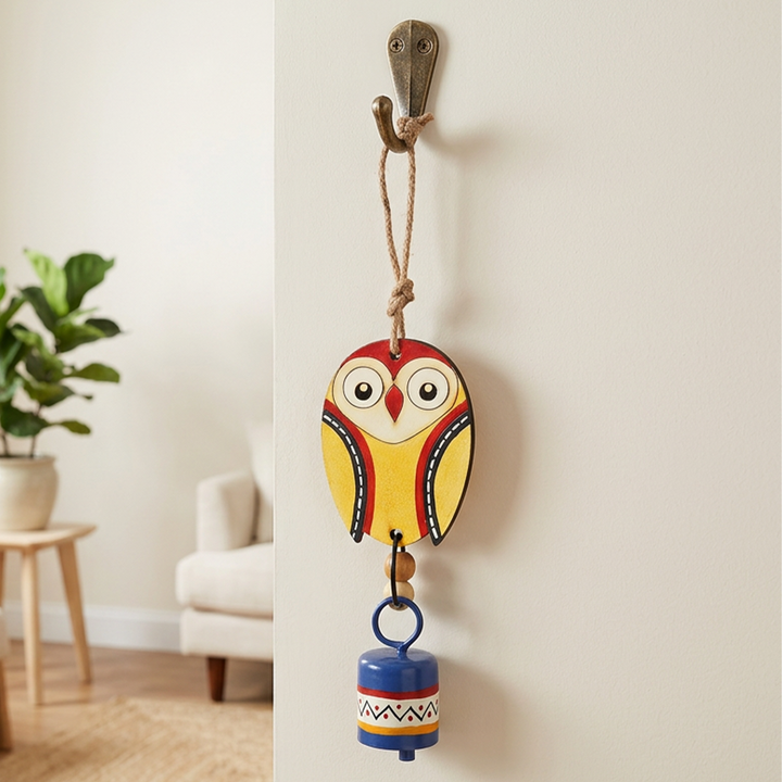 Owl Wind Chime with Metal Bell, Yellow and Blue