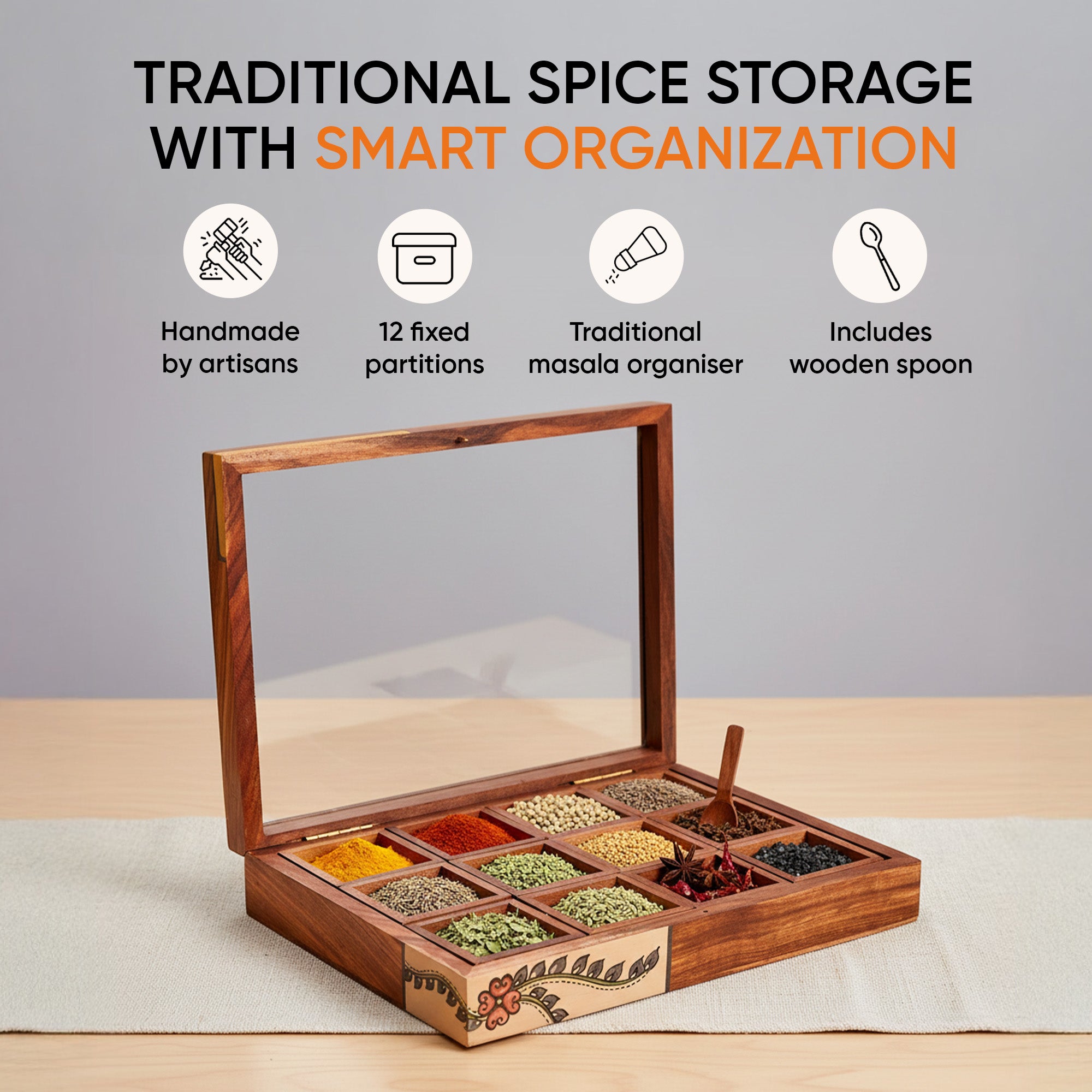 Spice Box Handcrafted Tribal Art 12 Slot Wooden with Spoon (10.5x8x2)