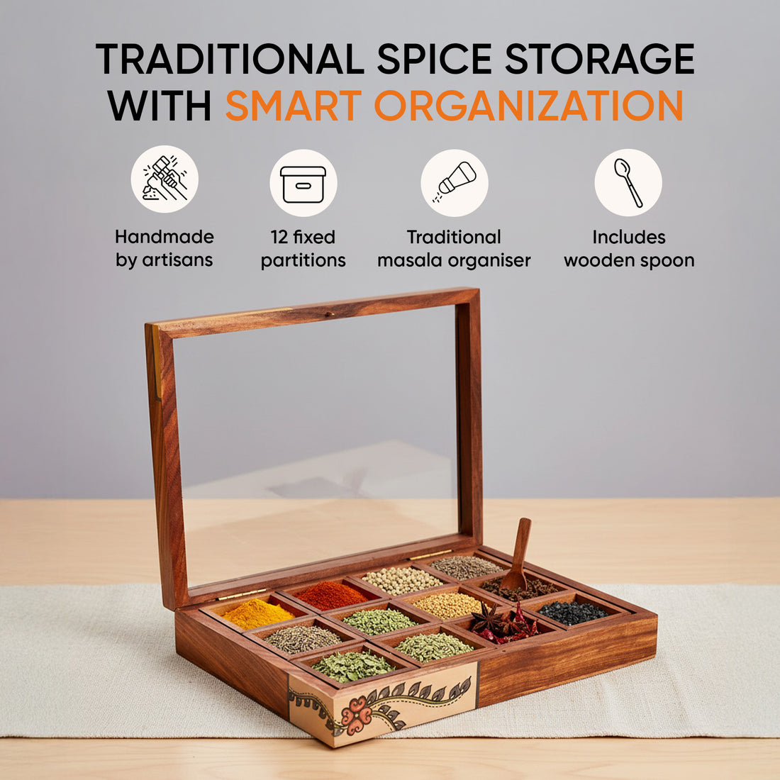 Spice Box Handcrafted Tribal Art 12 Slot Wooden with Spoon (10.5x8x2)