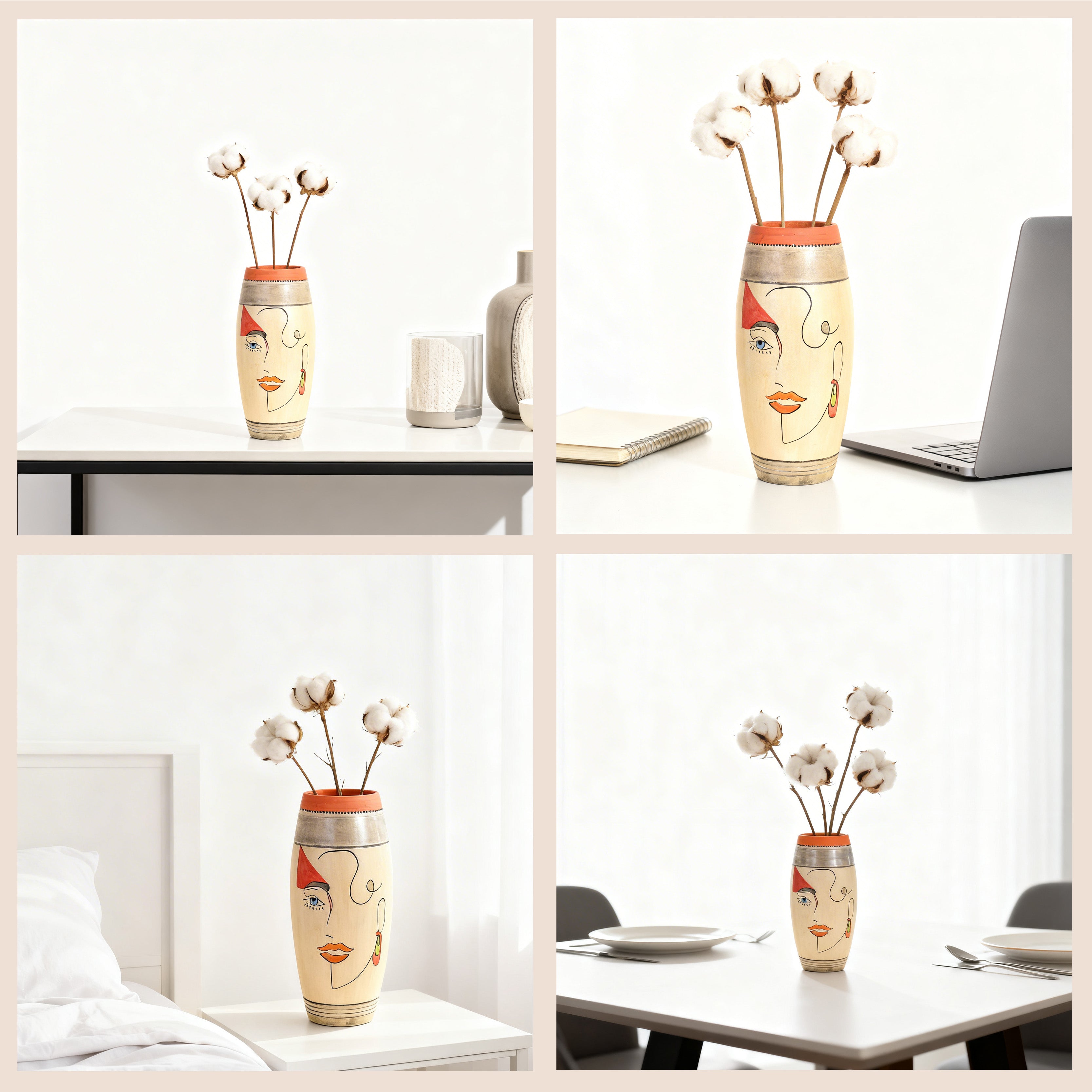 Artistic Face Motif Terracotta Jar for Boho Home Décor