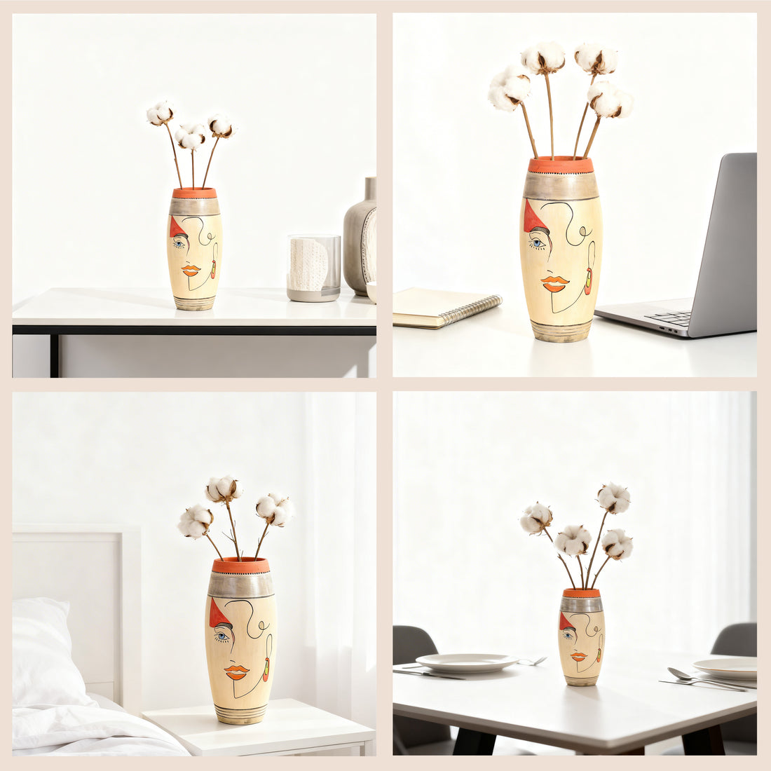 Artistic Face Motif Terracotta Jar for Boho Home Décor