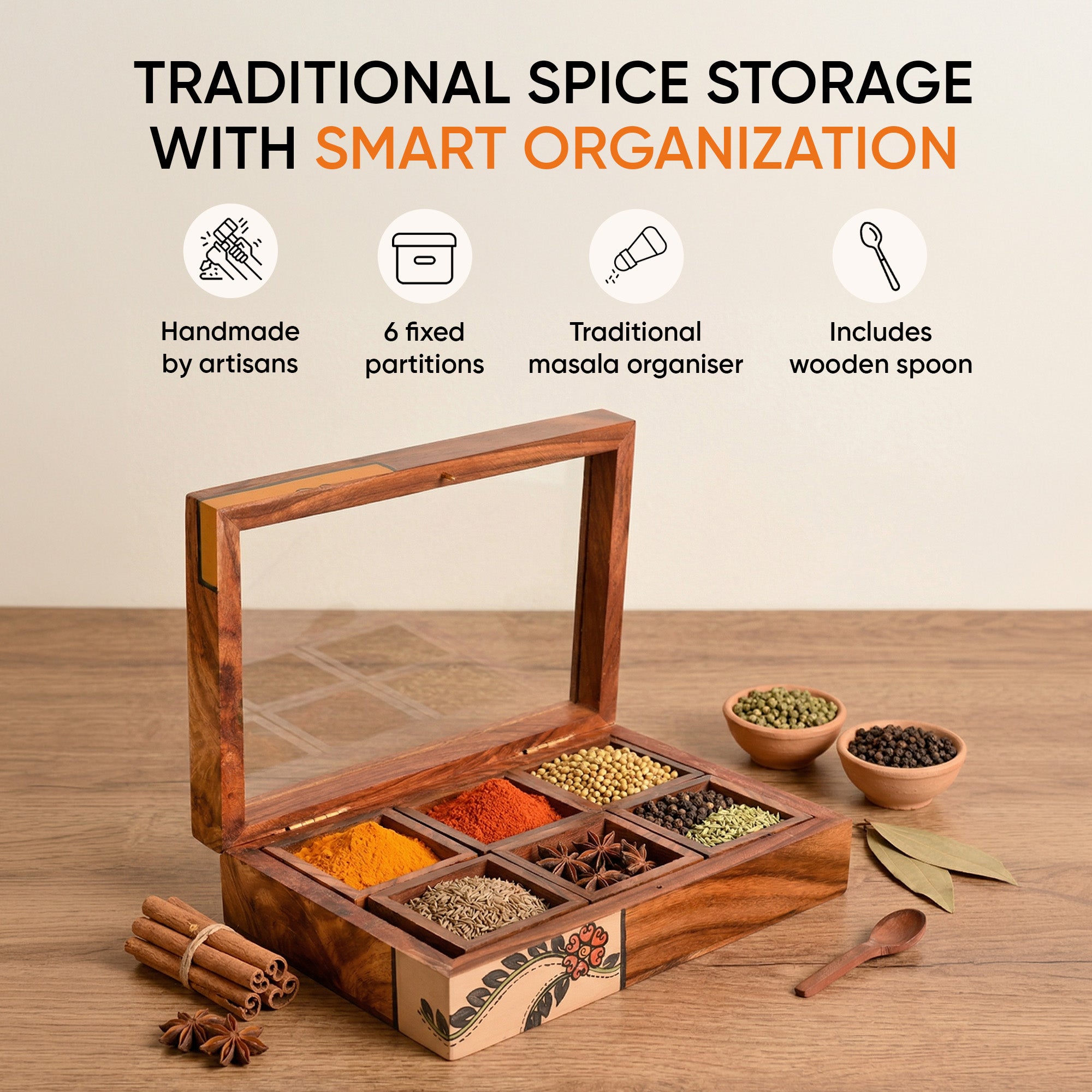 Spice Box Handcrafted Tribal Art 6 slot Wooden with Spoon (8x6x2)