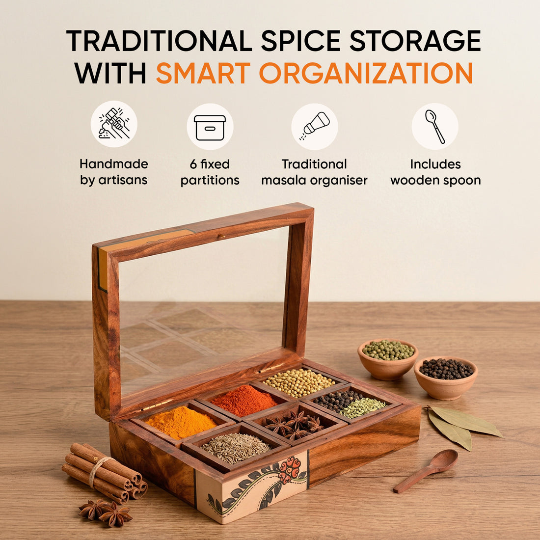 Spice Box Handcrafted Tribal Art 6 slot Wooden with Spoon (8x6x2)