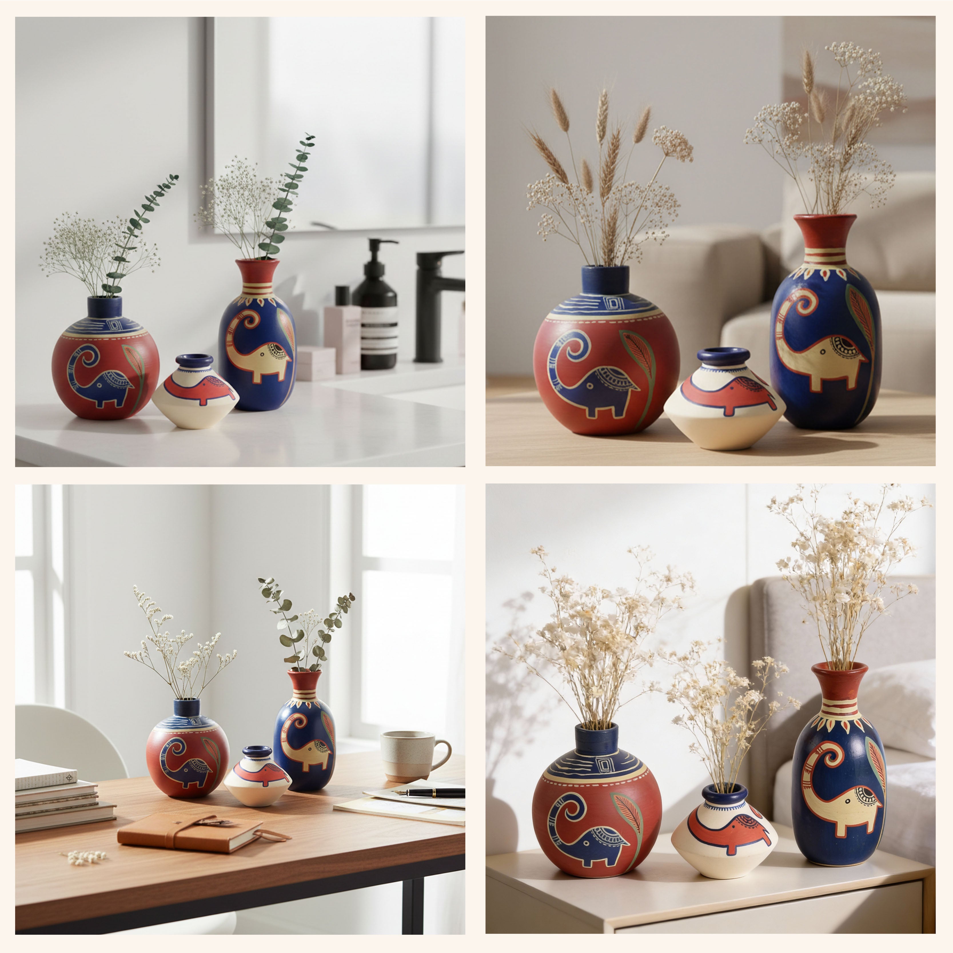 Happy Elephant Vases (So3) in Red/Blue/White (2.5x5/3x4/2.5x2.5)