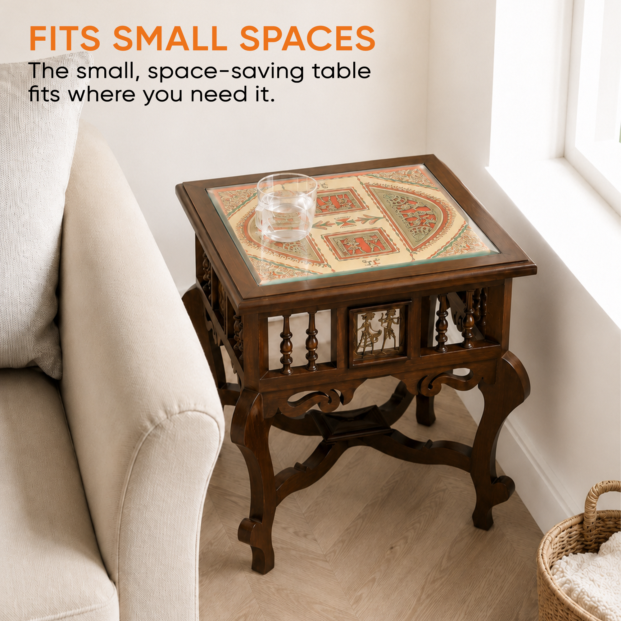 Munich-II Bedside Table with Oriental Legs in Teakwood with Walnut Finish (18x18x18)