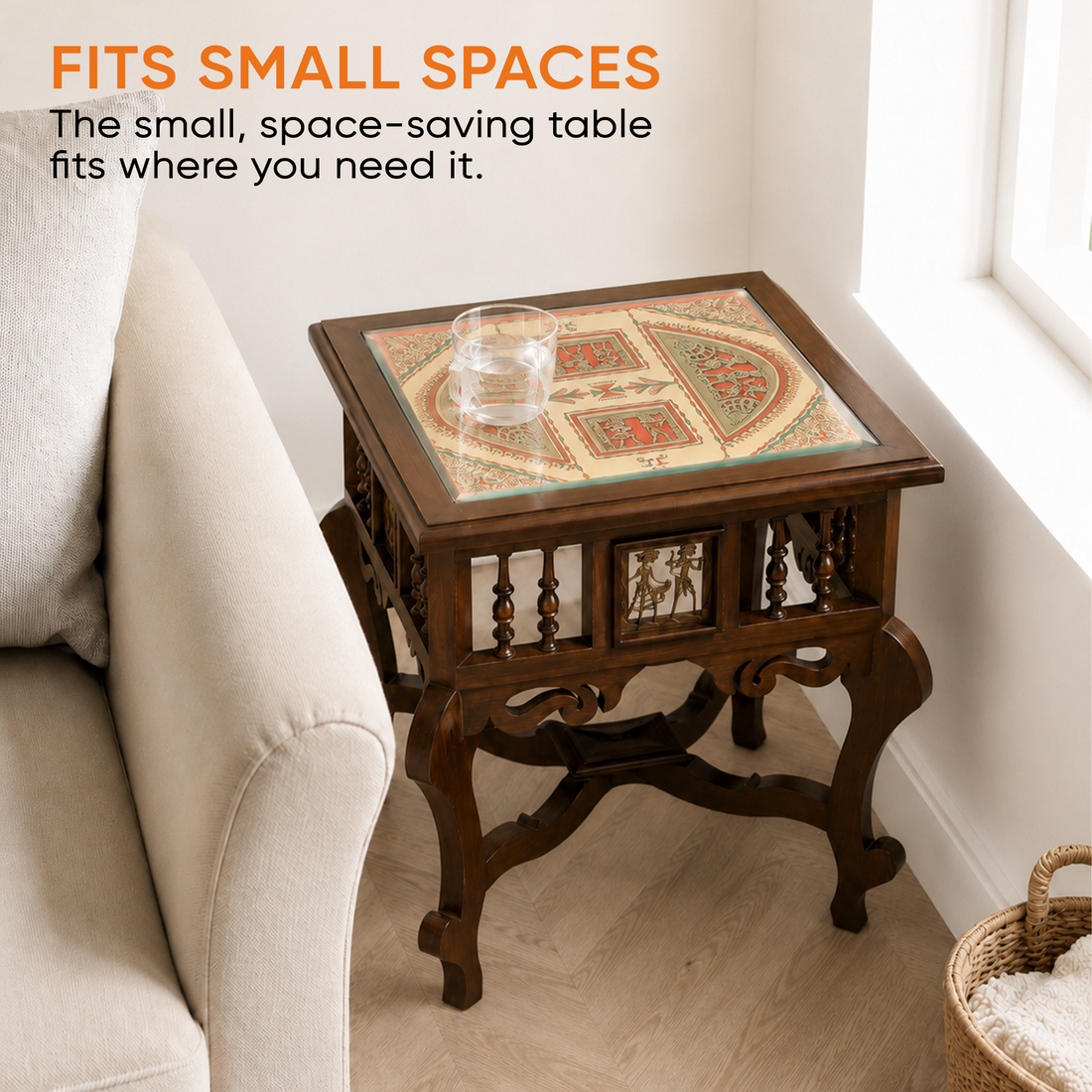 Munich-II Bedside Table with Oriental Legs in Teakwood with Walnut Finish (18x18x18)