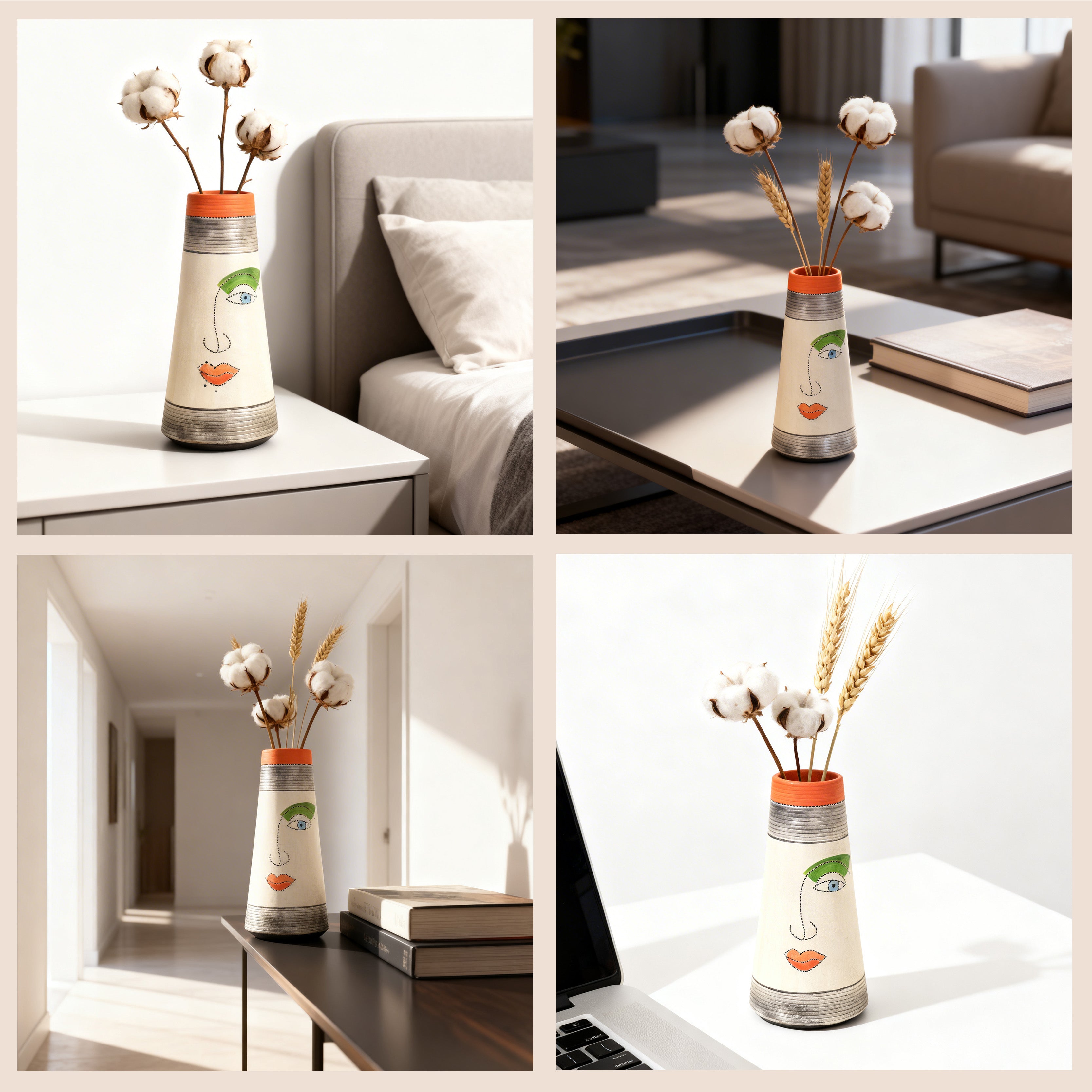 Minimalist Abstract Face Terracotta Pottery Vase for Elegant Spaces