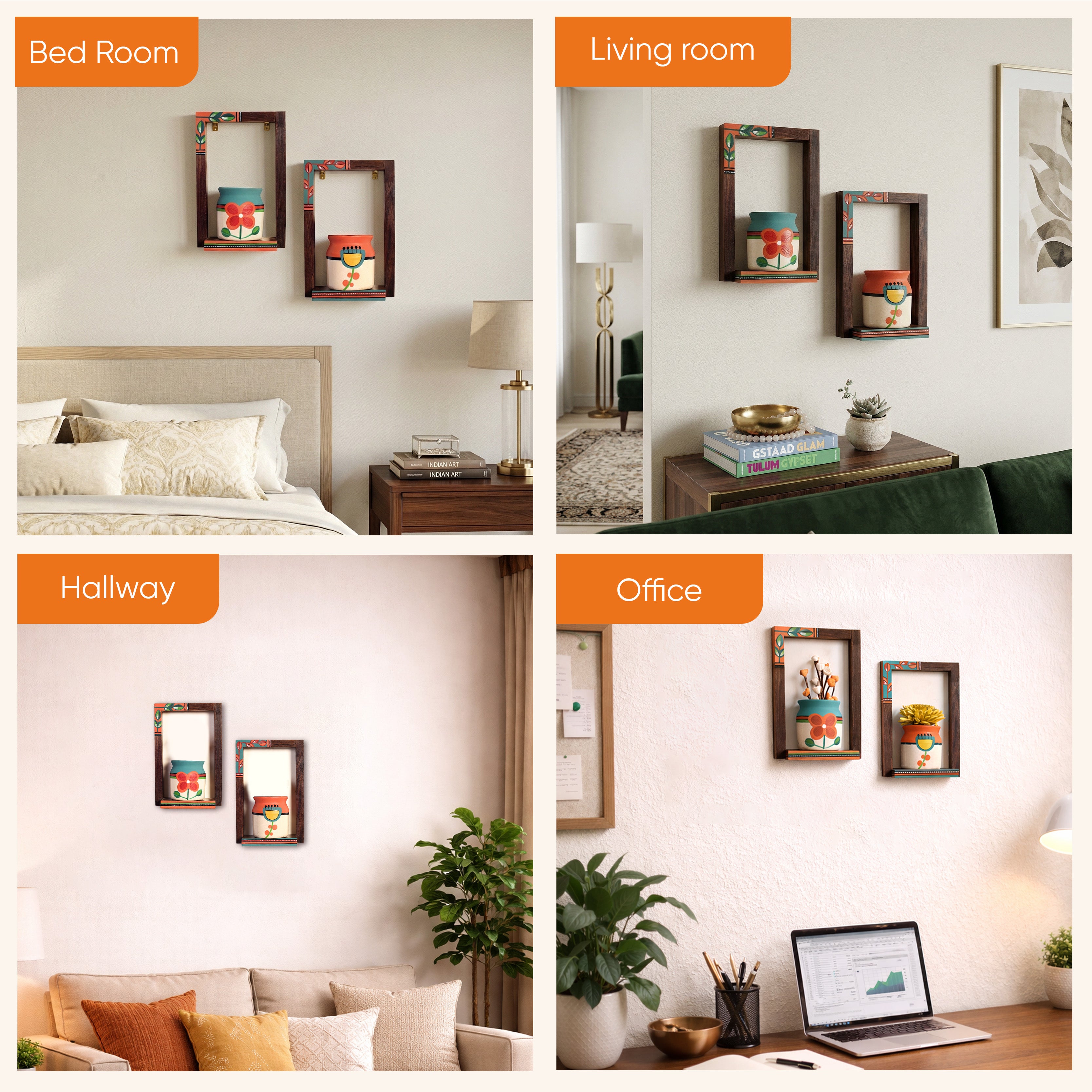 Flora Wall Decor frames with Beautiful handpainted ceramic Pots- So2