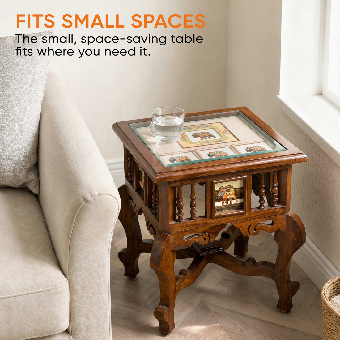 Mahi-I Bedside Table with Oriental Legs in Teakwood with Walnut Matte Finish