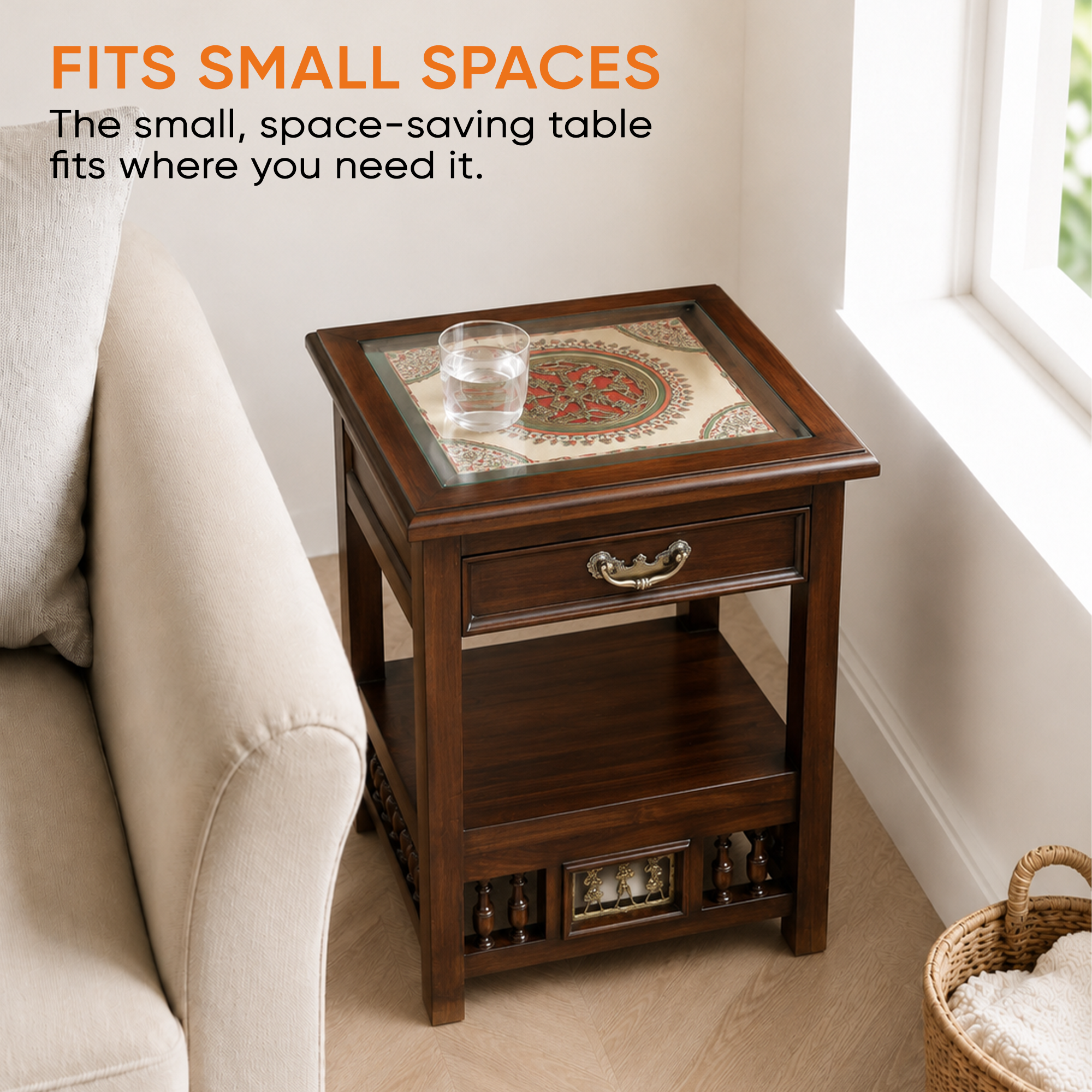 Myra-I Side Table in Teakwood with Walnut Matte Finish, with Drawer (18x15x24)