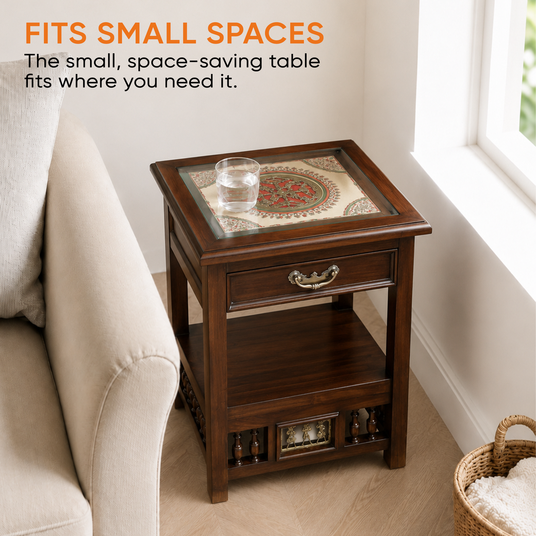 Myra-I Side Table in Teakwood with Walnut Matte Finish, with Drawer (18x15x24)
