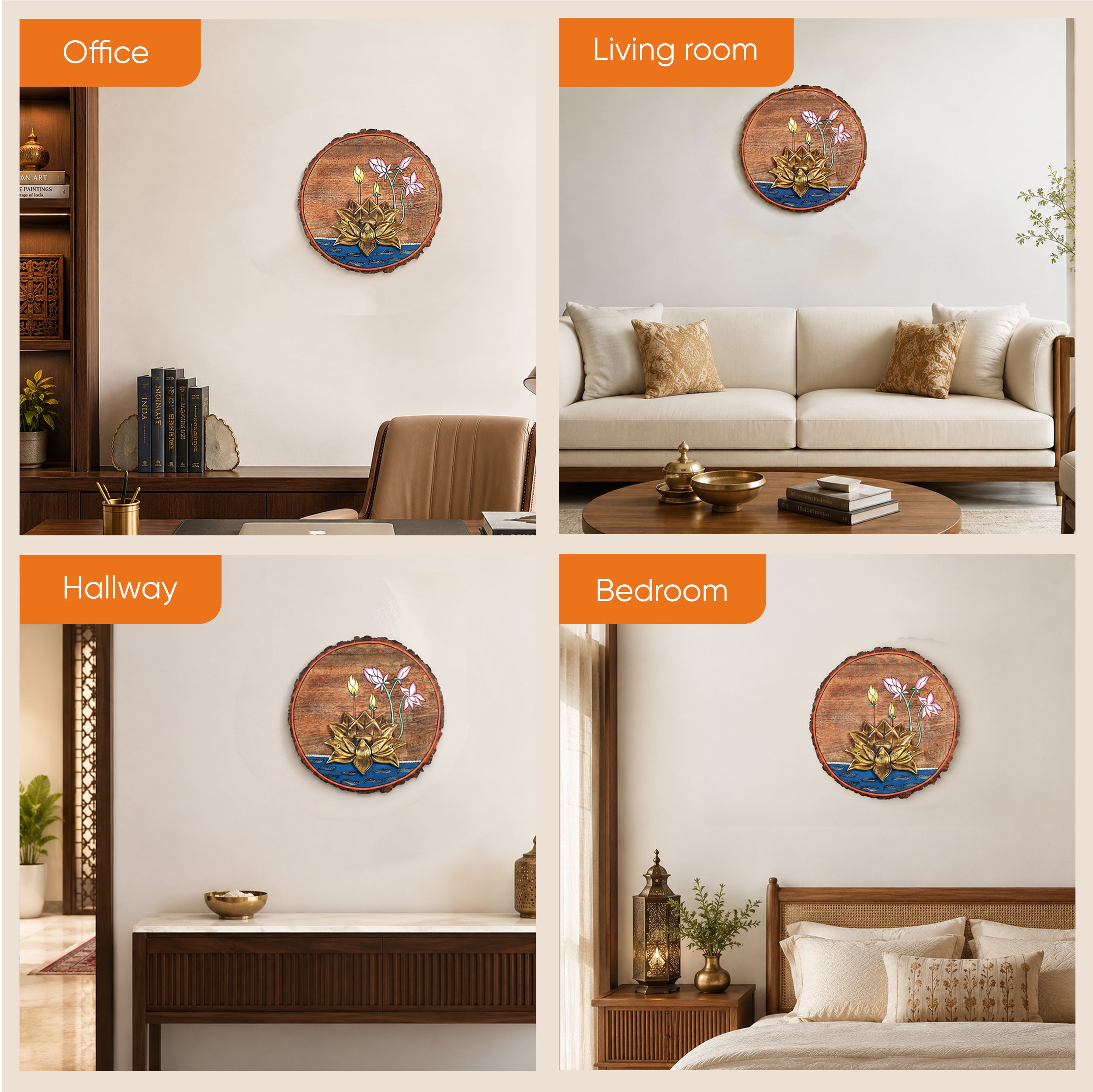 Kamala Lotus Wall Art, Handcrafted Wooden Decor with Lotus Flower and Diyas for Purity, Grace and Spiritual Glow