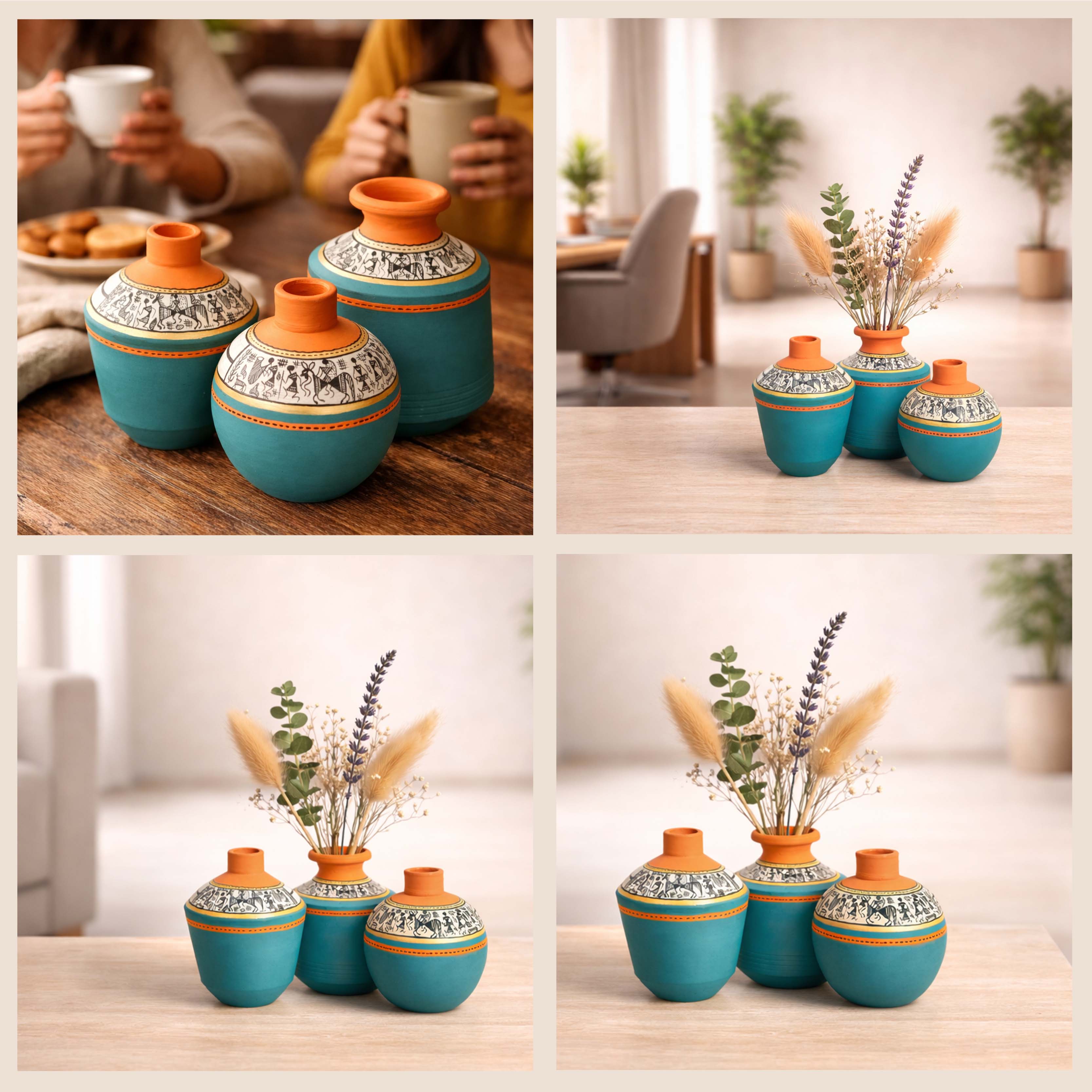 Blue Oasis Terracotta Vase Set of 3, Handcrafted Tribal Artdecor with Earthy Accents