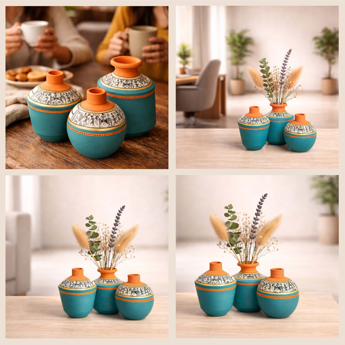 Blue Oasis Terracotta Vase Set of 3, Handcrafted Tribal Artdecor with Earthy Accents