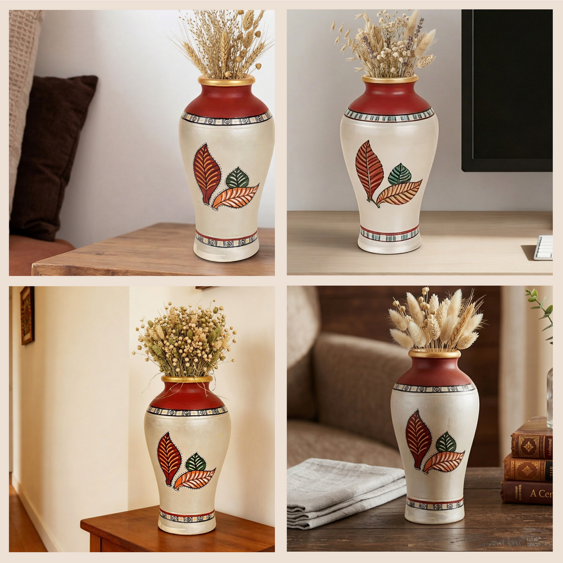 Silver Bloom Earthen Vase Handpainted in Tribal Art (9x5)