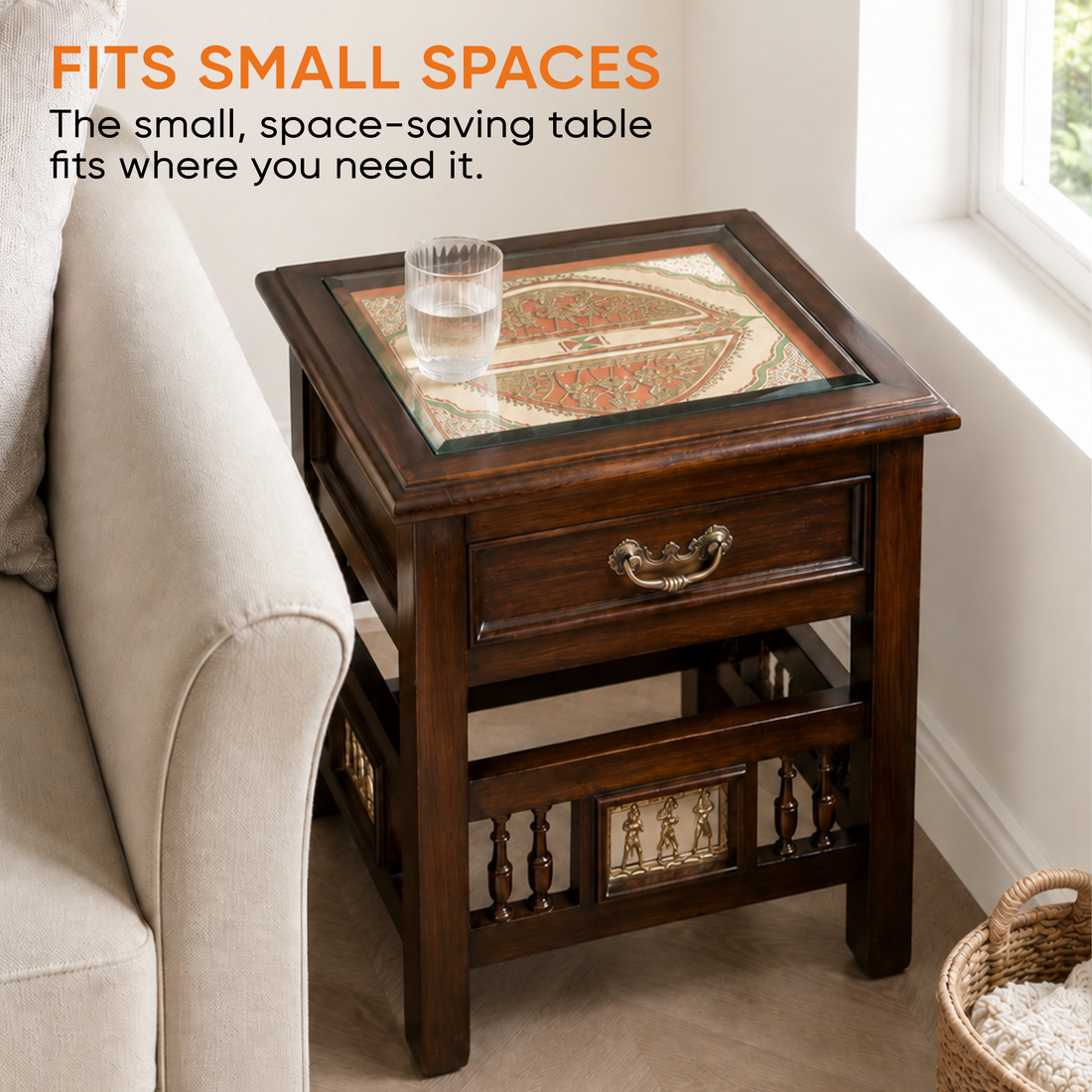 Myra Side Table in Teakwood with Walnut Finish, with Drawer (18x15x17)