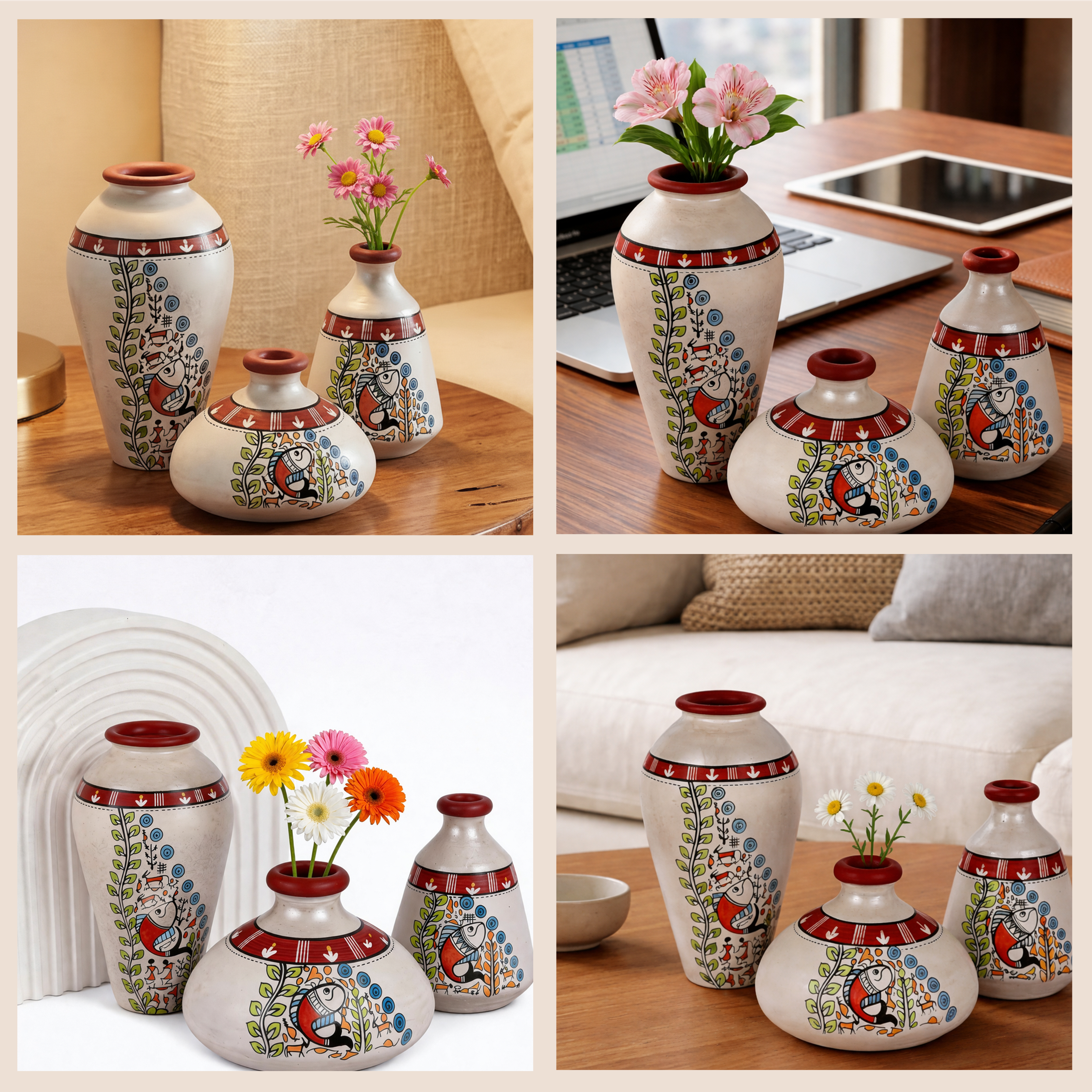 Vase Earthen Miniatures White Madhubani (Set of 3) 4.4/3/6