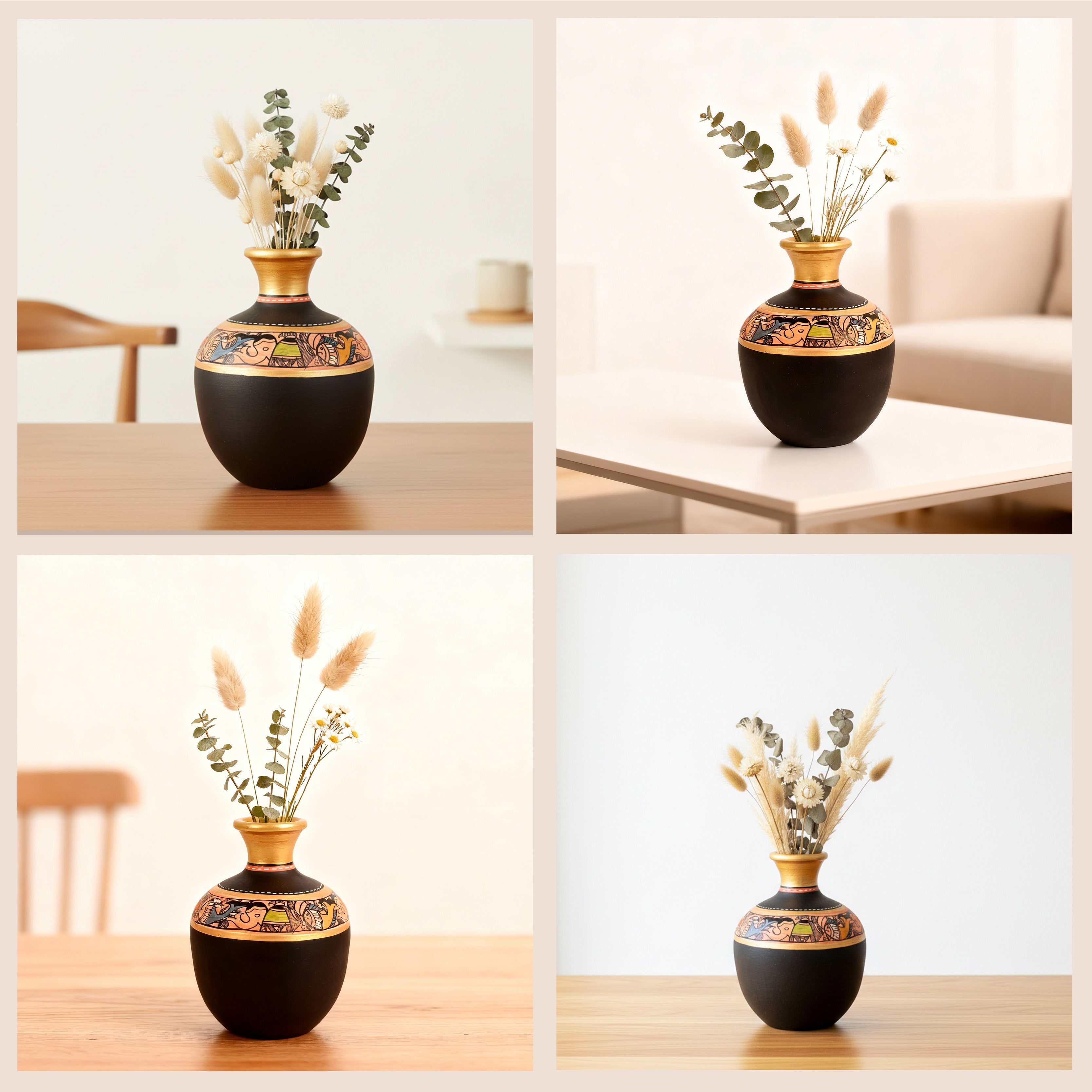 Vase Earthen Handcrafted Black Madhubani 6x4(HxD)