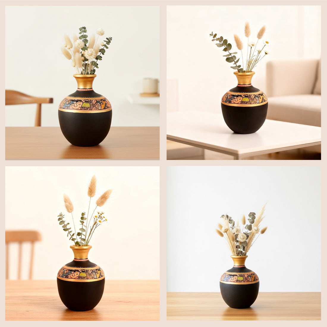 Vase Earthen Handcrafted Black Madhubani 6x4(HxD)
