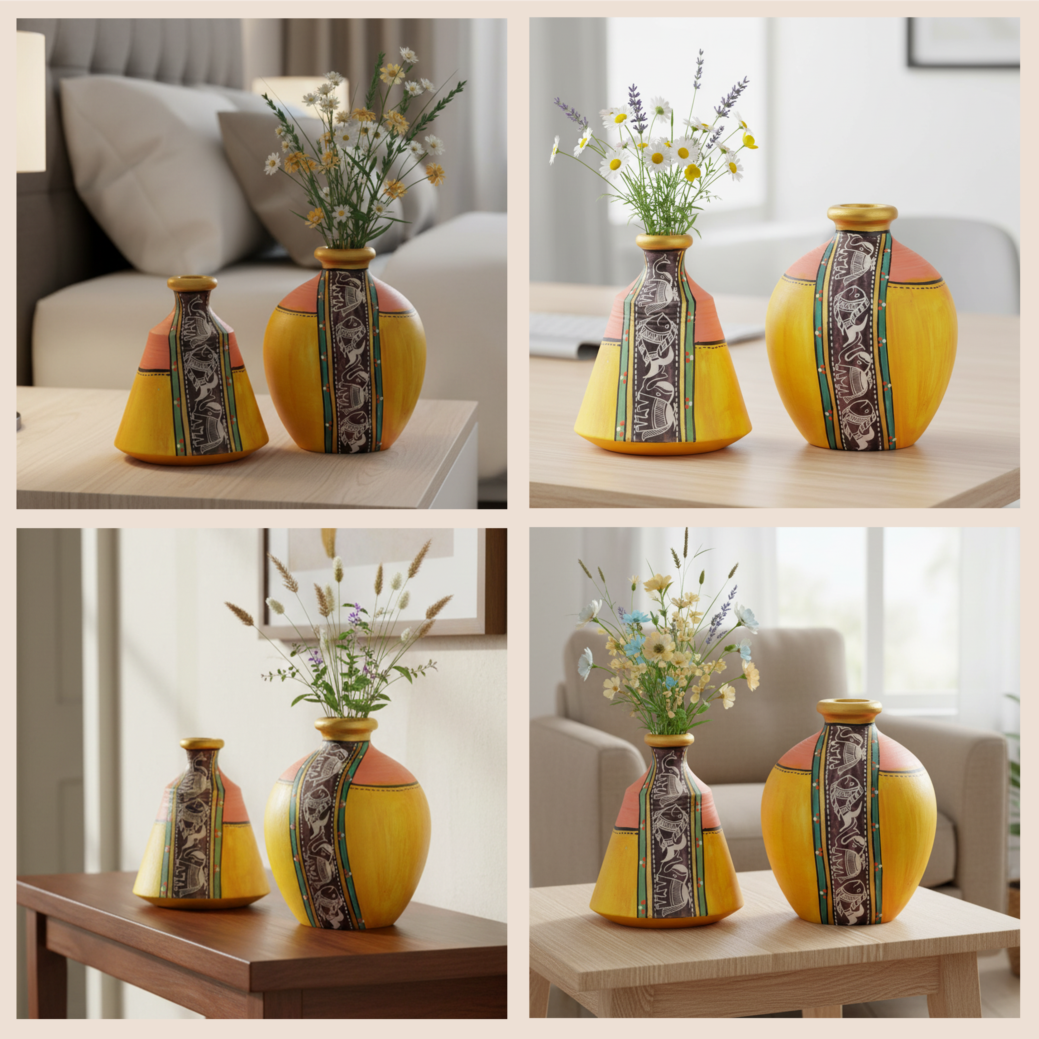 Vase Earthen Yellow Madhubani (Set of 2) (4x3.5/5x3.6)