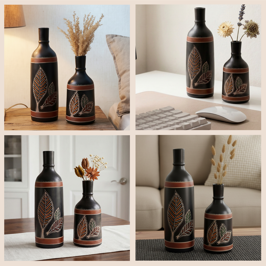 Vase Earthen Black Bottle Madhubani (Set of 2) (9.4x3/6x3)