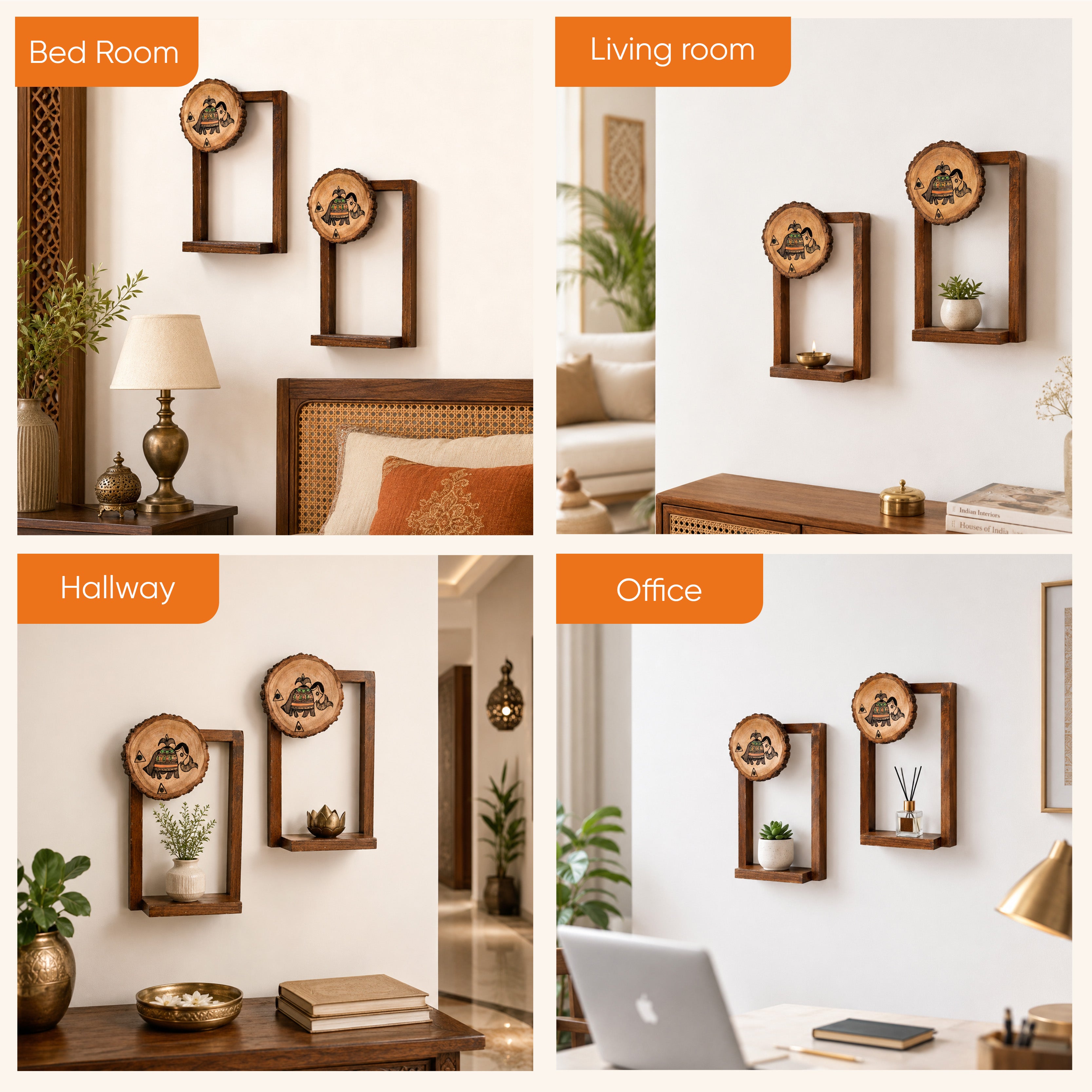 Wall Decor Round Coaster Handcrafted Wooden Shelves (Set of 2) (6x2.5x9)