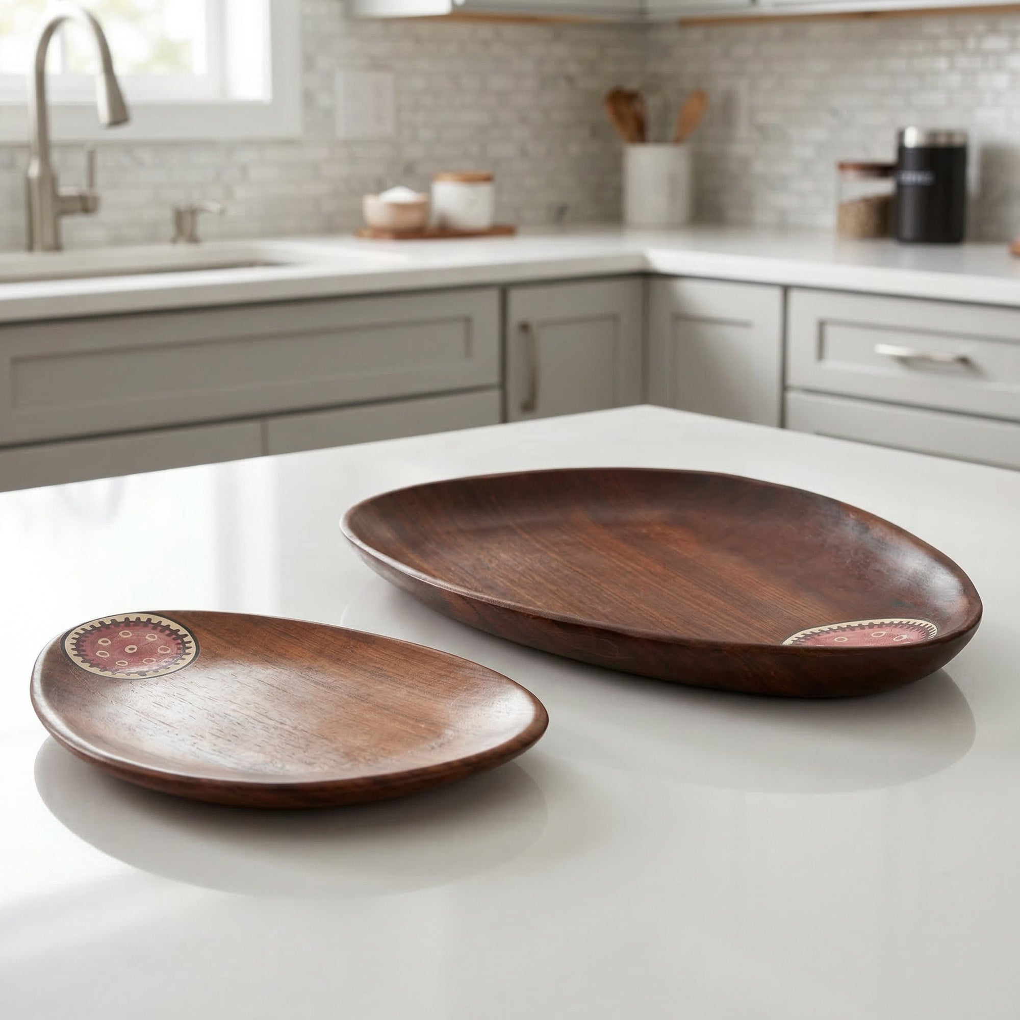 Trays in Oval Shape with Tribal Art Handcrafted in RoseWood (11x7")